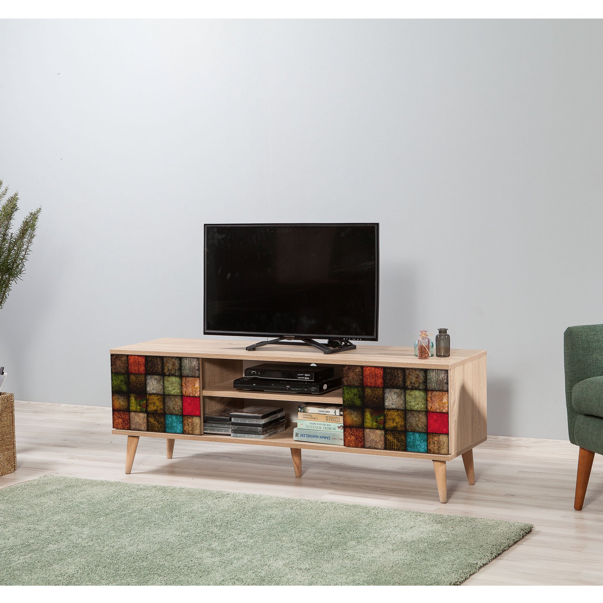 Suporte de TV elegante em carvalho Sonoma, 140 cm | 100% revestido em melamina, 18 mm de espessura, pernas de madeira de carpa, revestimento UV, montagem na parede, design geométrico, armazenamento extra