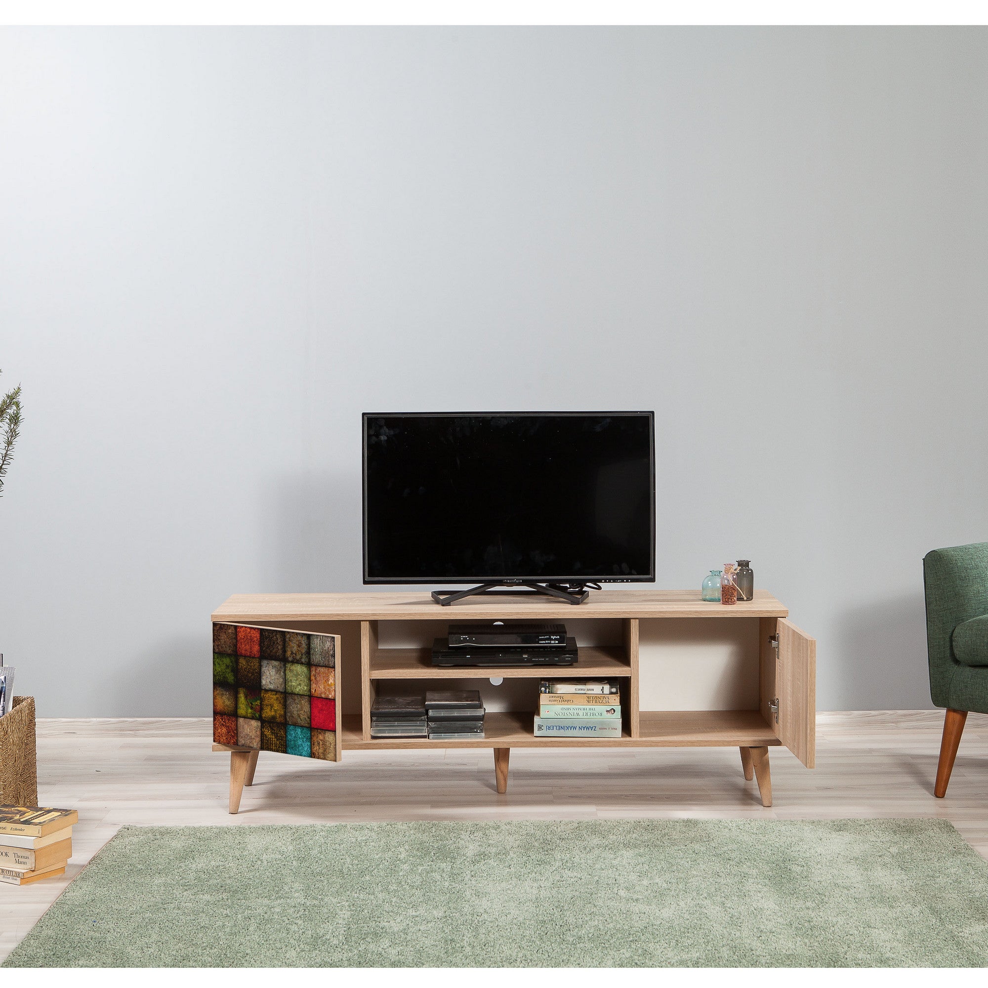 Suporte de TV elegante em carvalho Sonoma, 140 cm | 100% revestido em melamina, 18 mm de espessura, pernas de madeira de carpa, revestimento UV, montagem na parede, design geométrico, armazenamento extra