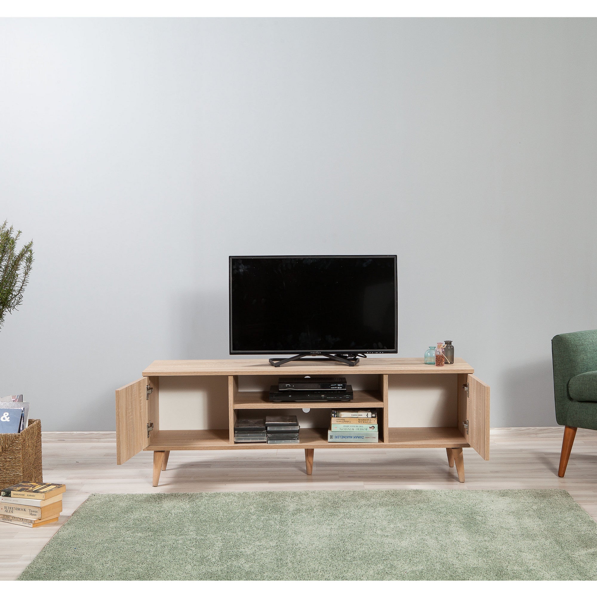 Suporte de TV elegante em carvalho Sonoma, 140 cm | 100% revestido em melamina, 18 mm de espessura, pernas de madeira de carpa, revestimento UV, montagem na parede, design geométrico, armazenamento extra
