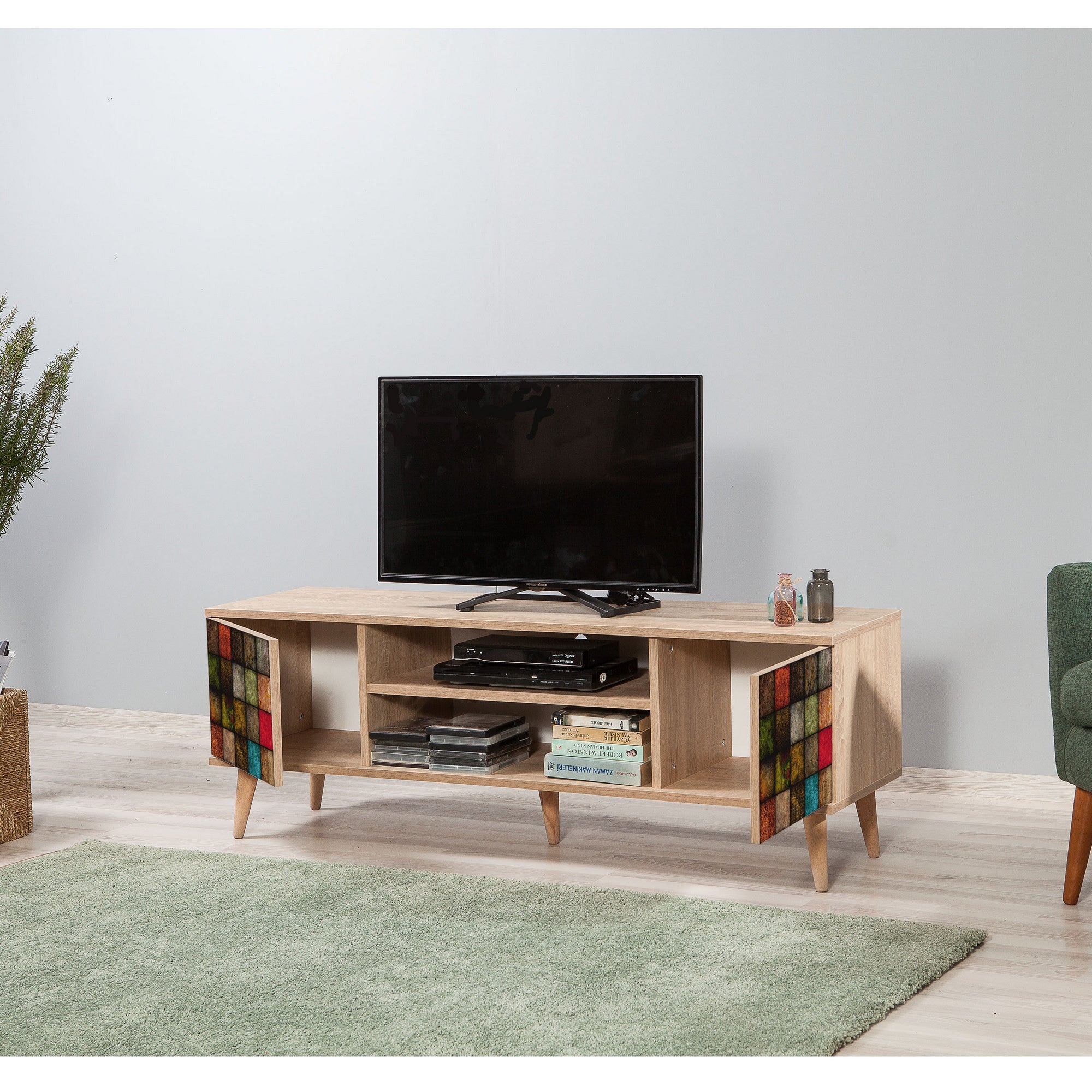 Suporte de TV elegante em carvalho Sonoma, 140 cm | 100% revestido em melamina, 18 mm de espessura, pernas de madeira de carpa, revestimento UV, montagem na parede, design geométrico, armazenamento extra
