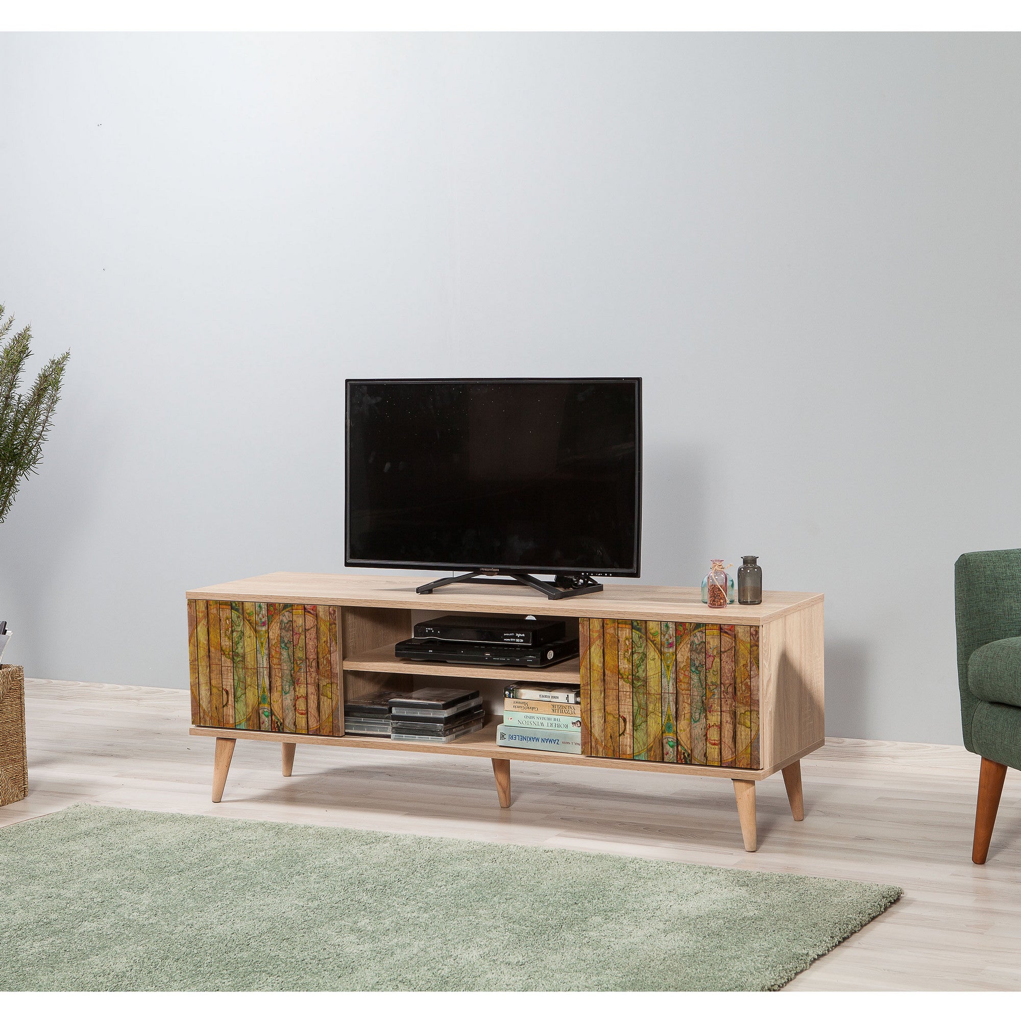 Suporte de TV elegante em carvalho Sonoma, 140 cm | 100% revestido em melamina, 18 mm de espessura, pernas em madeira de carpa, revestimento UV | Montável na parede, várias prateleiras, design moderno