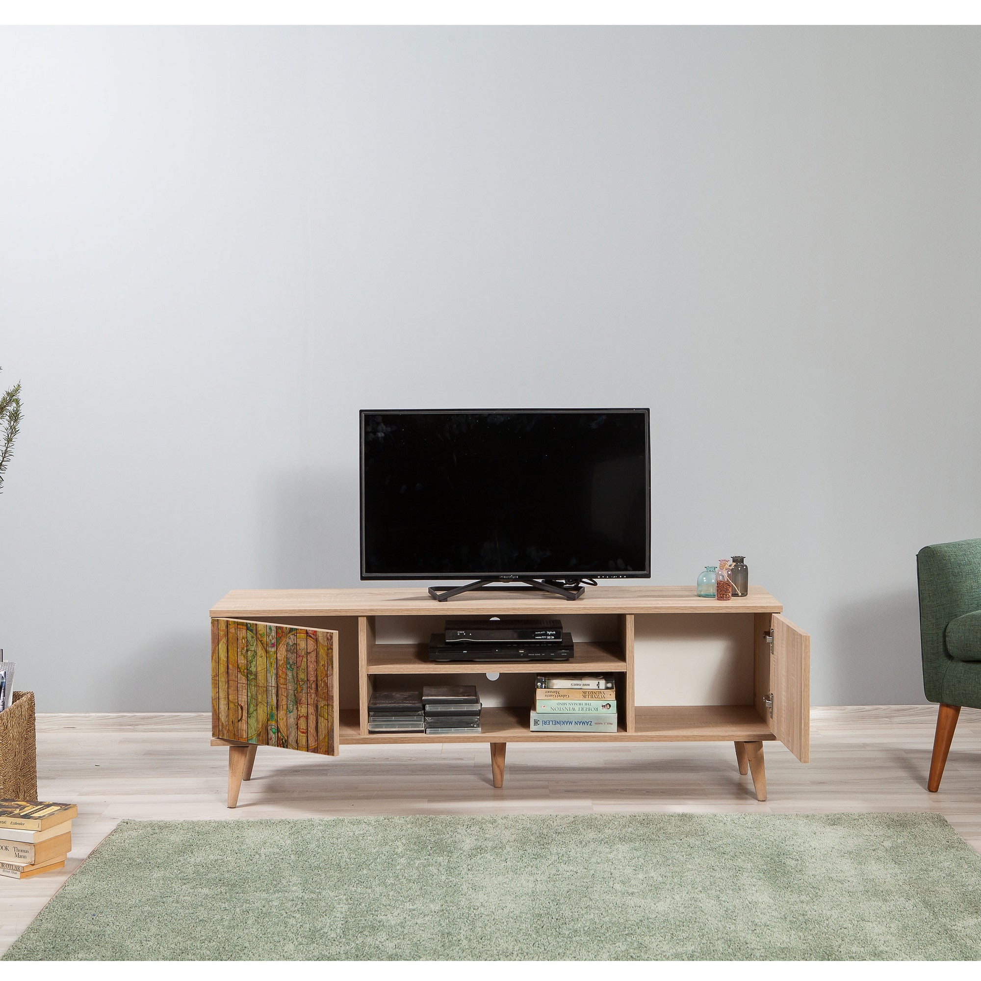 Suporte de TV elegante em carvalho Sonoma, 140 cm | 100% revestido em melamina, 18 mm de espessura, pernas em madeira de carpa, revestimento UV | Montável na parede, várias prateleiras, design moderno