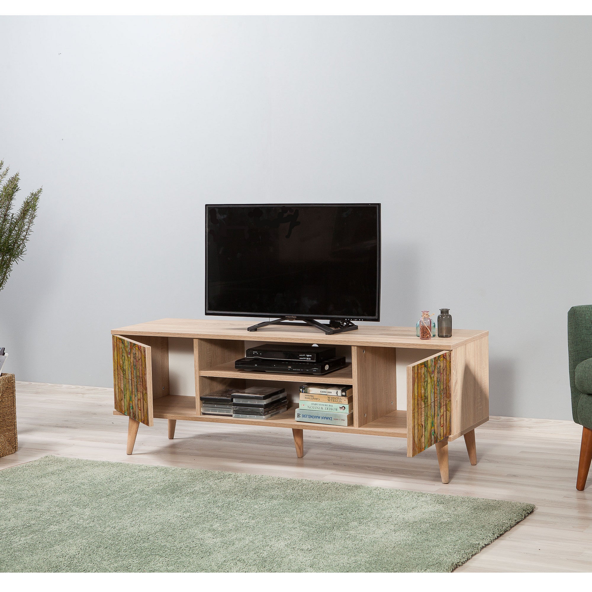 Suporte de TV elegante em carvalho Sonoma, 140 cm | 100% revestido em melamina, 18 mm de espessura, pernas em madeira de carpa, revestimento UV | Montável na parede, várias prateleiras, design moderno