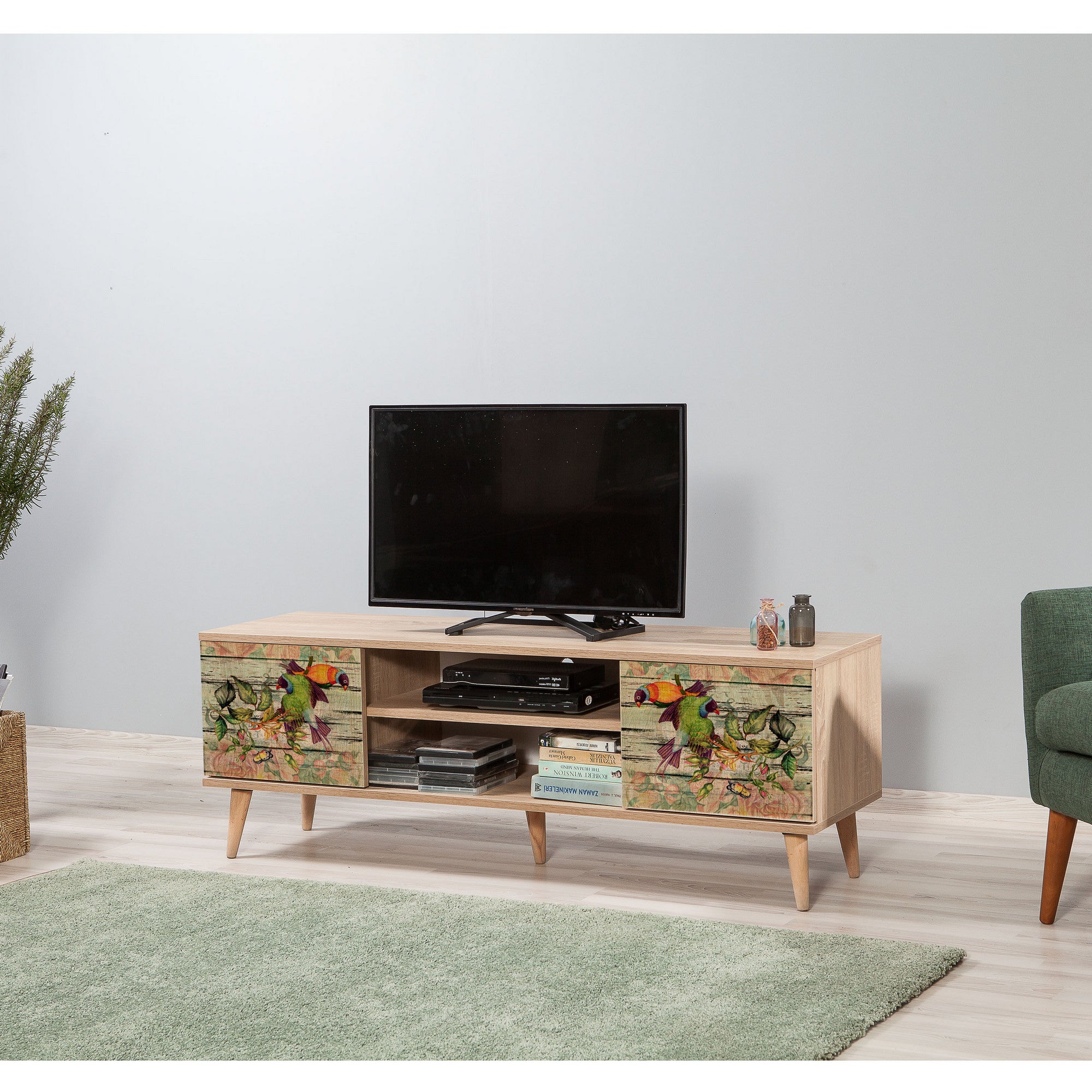 Suporte de TV elegante em carvalho Sonoma, 140 cm | 100% revestido em melamina, 18 mm de espessura, pernas de madeira de carpa, revestimento UV, montagem na parede, design moderno com armazenamento extra
