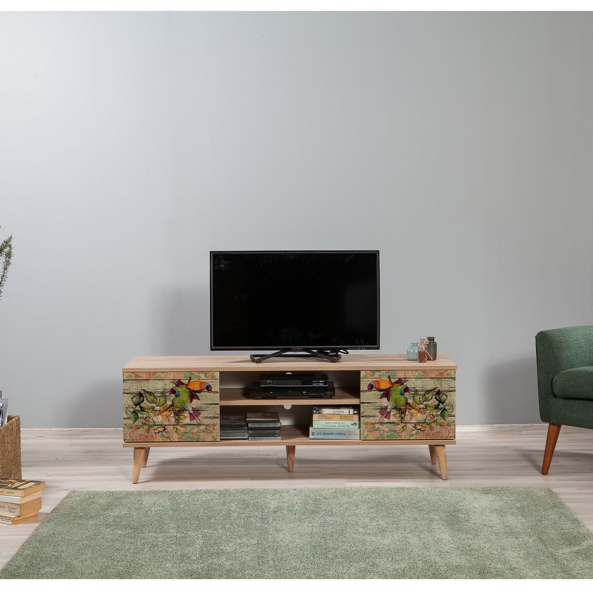 Suporte de TV elegante em carvalho Sonoma, 140 cm | 100% revestido em melamina, 18 mm de espessura, pernas de madeira de carpa, revestimento UV, montagem na parede, design moderno com armazenamento extra