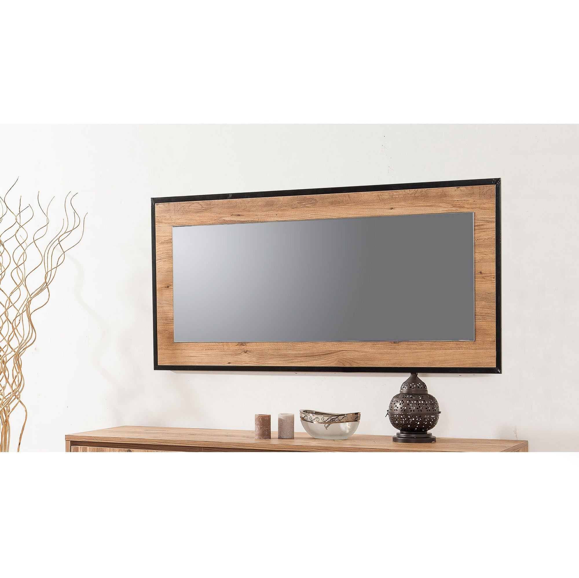 Espelho decorativo elegante em aglomerado, 110 x 60 cm, pinho atlântico e preto | 100% revestido em melamina, 1,5 cm de espessura | Montável na parede, ideal para decoração hoteleira e industrial