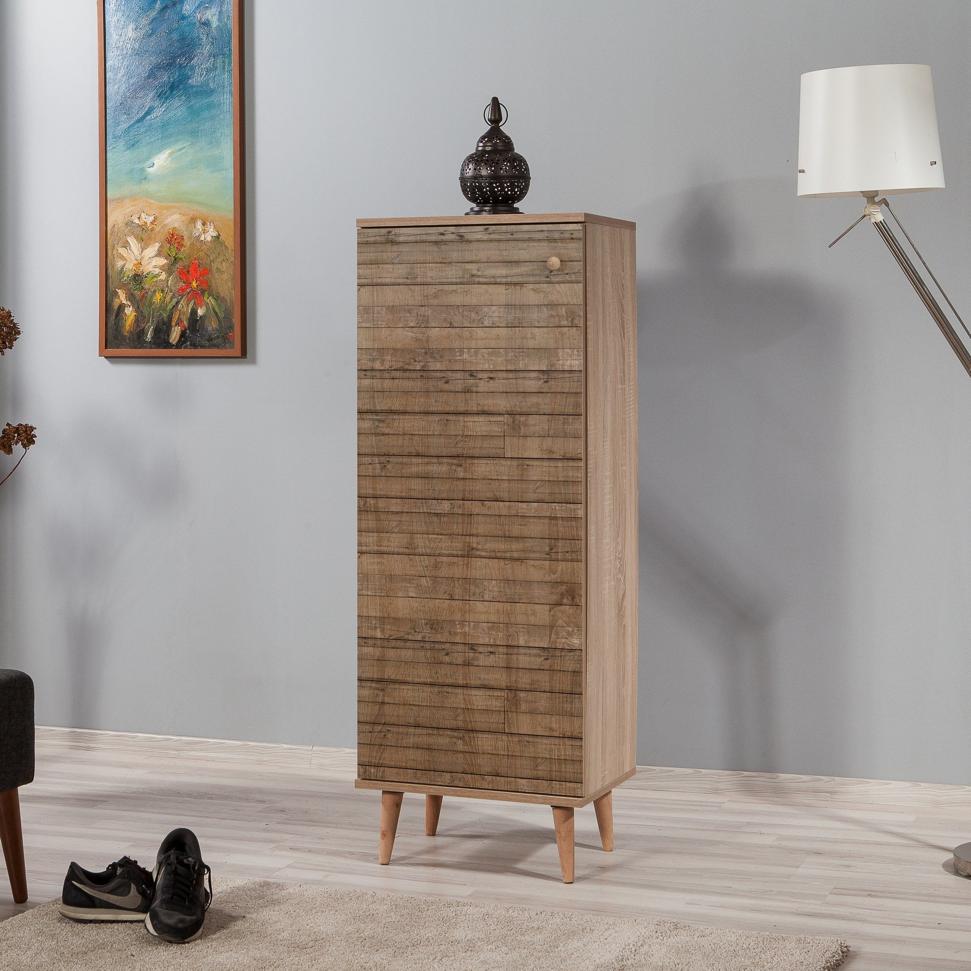 Sapateira moderna, carvalho Sonoma, 50 x 135 x 38 cm | 100% revestida em melamina, pernas de madeira de carpa, revestimento UV, montável na parede, armazenamento elegante e funcional