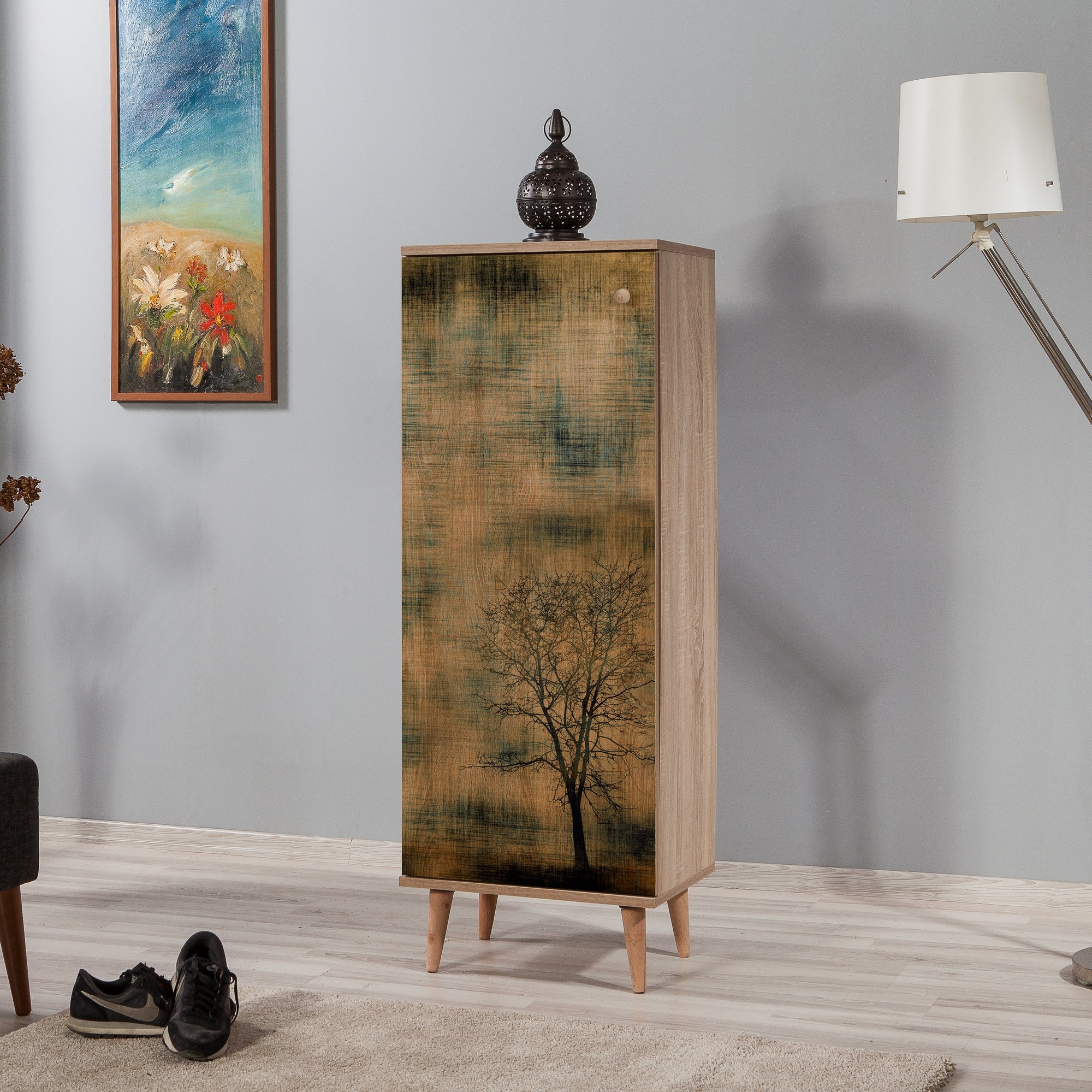 Sapateira estilosa, carvalho Sonoma, 50 x 135 x 38 cm | Revestimento 100% melamina, pernas de madeira de carpa, revestimento UV | Montável na parede, armazenamento elegante para casas modernas