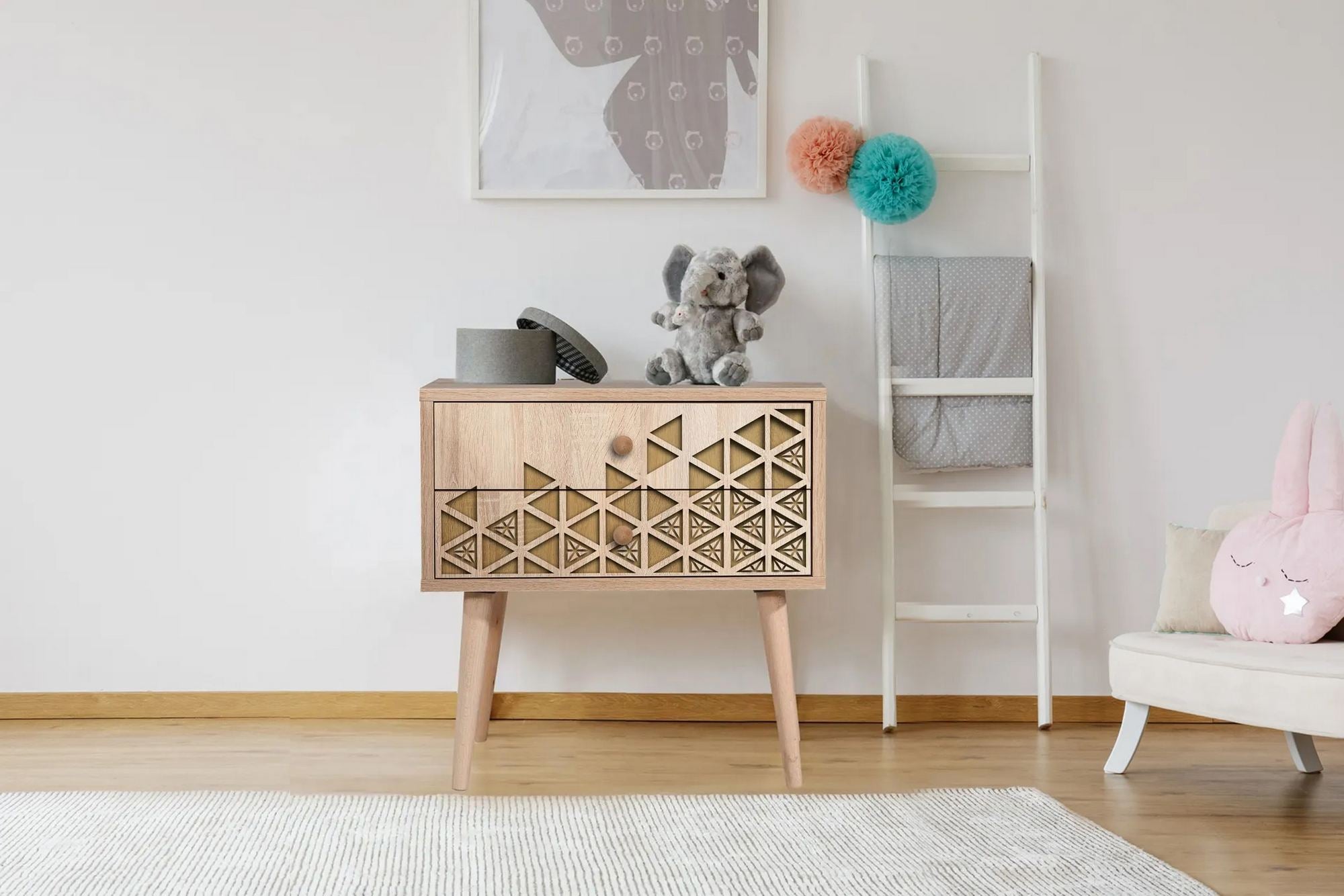 Mesa de cabeceira moderna com 2 gavetas, carvalho Sonoma, 60 x 61 x 40 cm | 100% melamina, pernas de madeira de carpa, revestimento UV | Elegante e funcional para qualquer quarto
