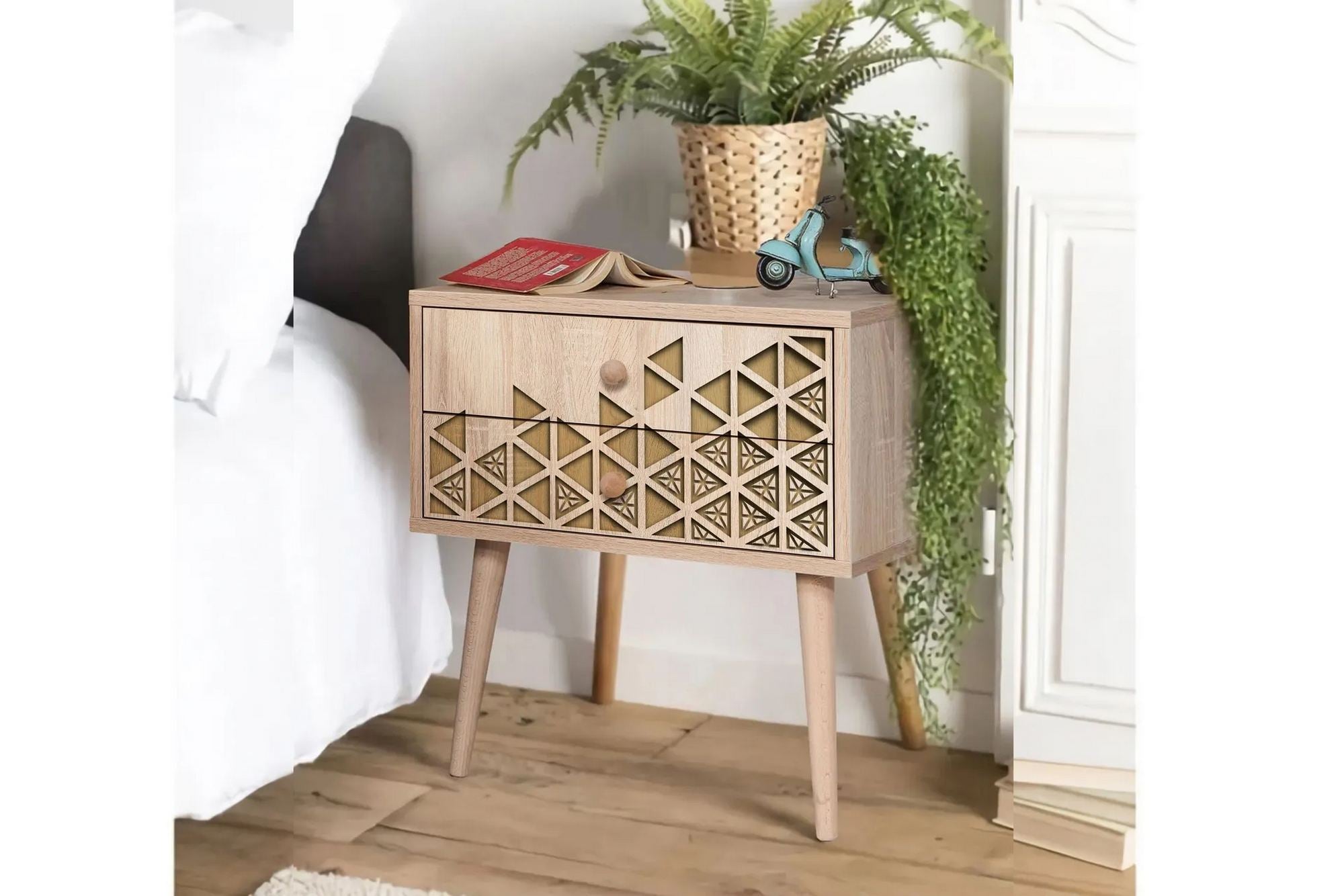 Mesa de cabeceira moderna com 2 gavetas, carvalho Sonoma, 60 x 61 x 40 cm | 100% melamina, pernas de madeira de carpa, revestimento UV | Elegante e funcional para qualquer quarto