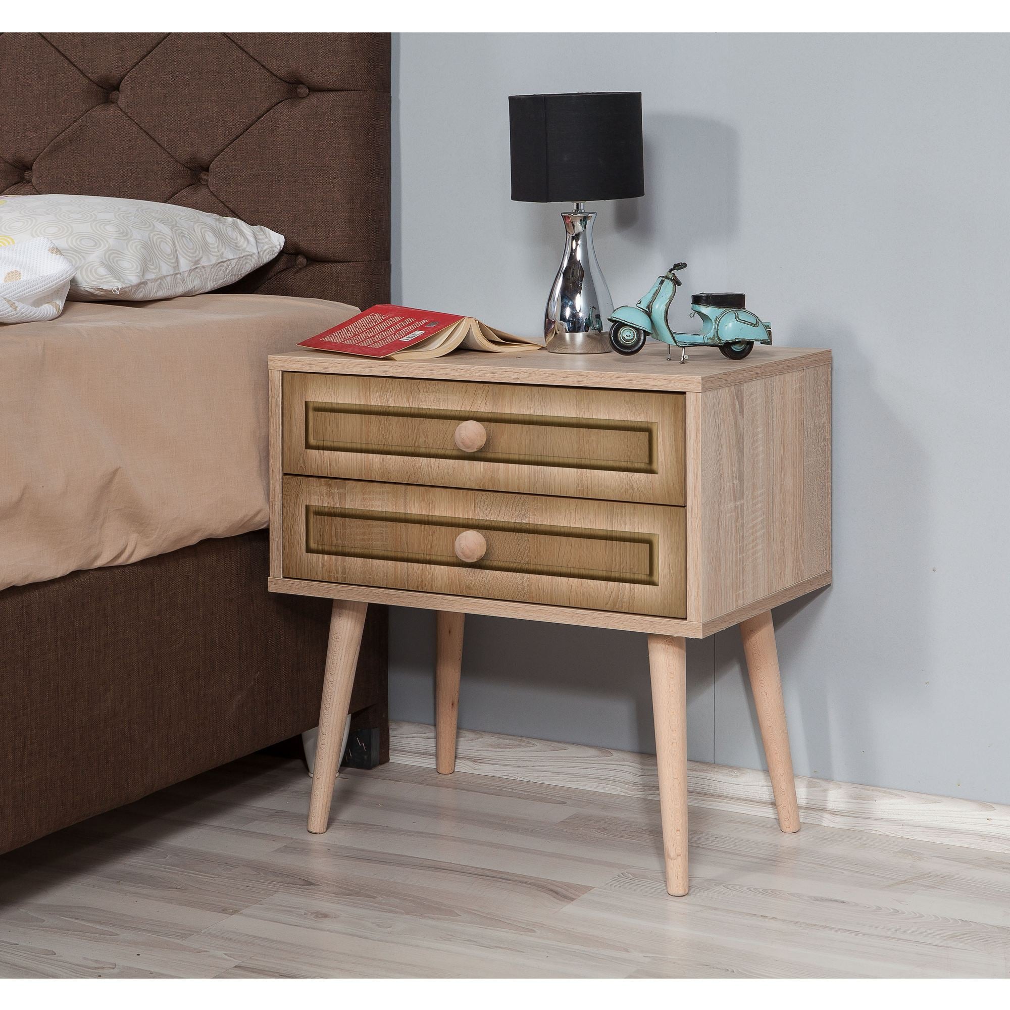 Mesa de cabeceira moderna com 2 gavetas, carvalho Sonoma, 60 x 61 x 40 cm | 100% revestida em melamina, pernas de madeira de carpa, puxadores de metal e corda | Design elegante e funcional