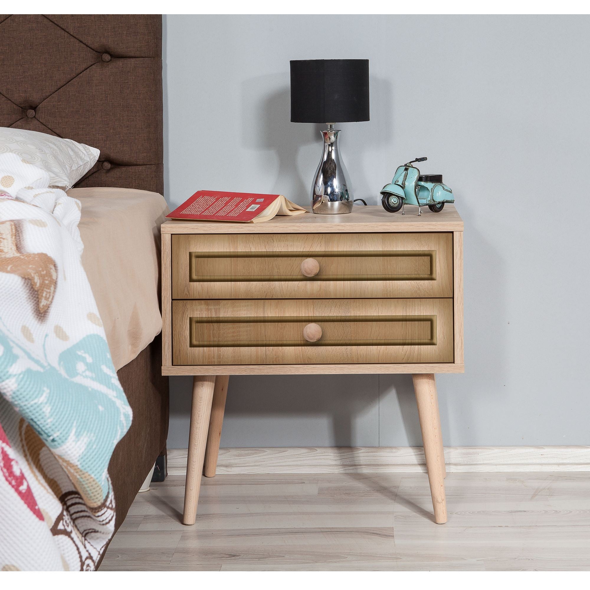 Mesa de cabeceira moderna com 2 gavetas, carvalho Sonoma, 60 x 61 x 40 cm | 100% revestida em melamina, pernas de madeira de carpa, puxadores de metal e corda | Design elegante e funcional