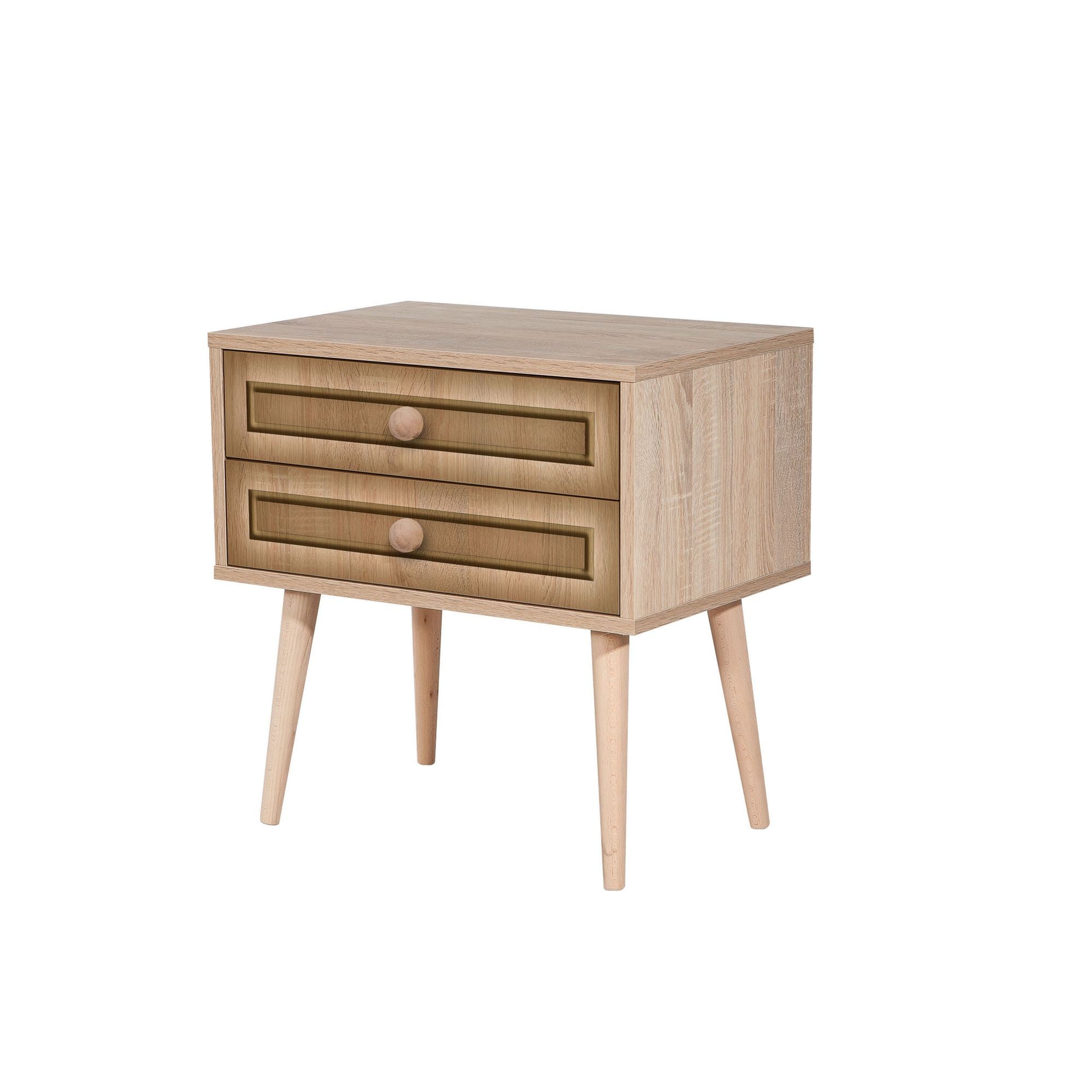 Mesa de cabeceira moderna com 2 gavetas, carvalho Sonoma, 60 x 61 x 40 cm | 100% revestida em melamina, pernas de madeira de carpa, puxadores de metal e corda | Design elegante e funcional