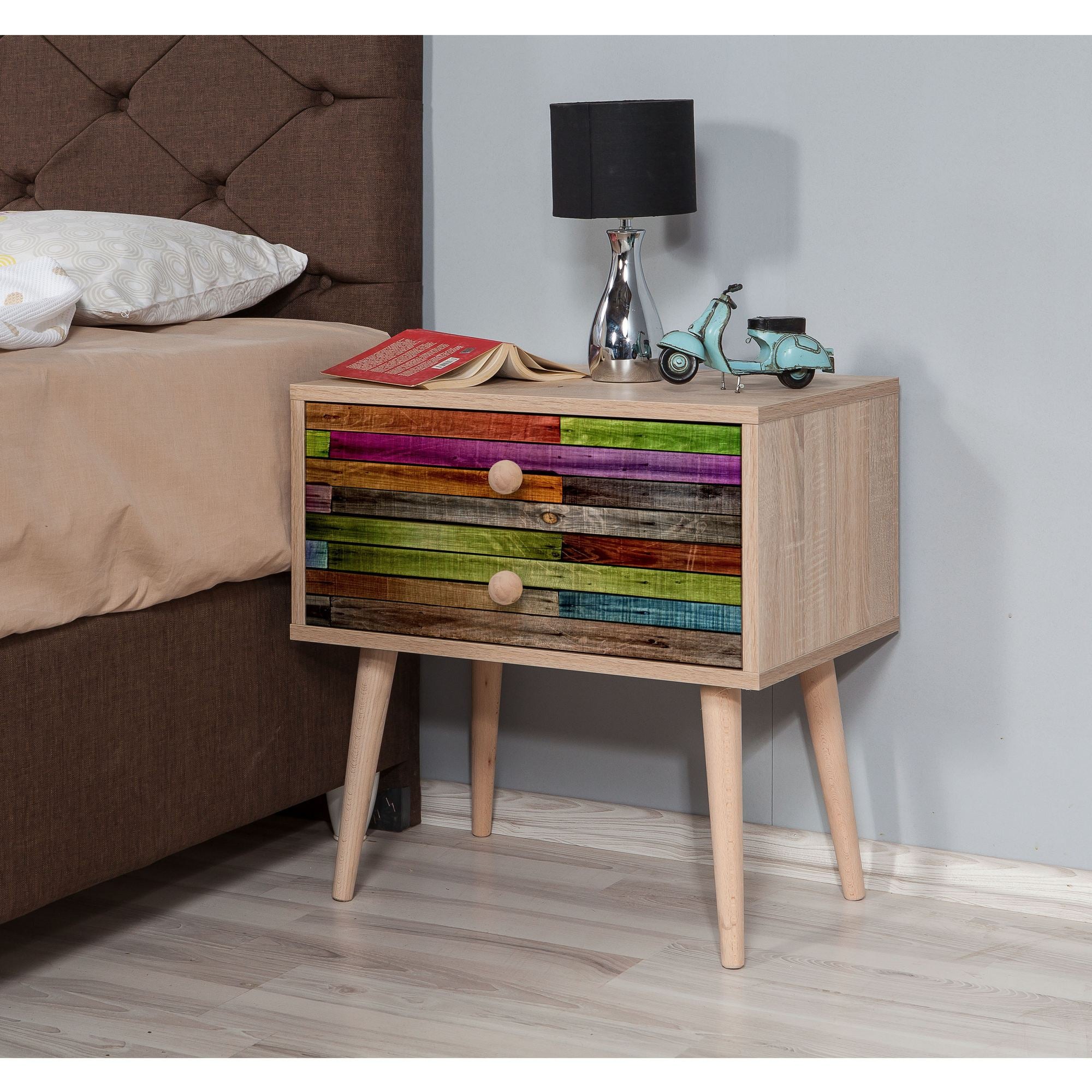 Mesa de cabeceira moderna com 2 gavetas, carvalho Sonoma, 60 x 61 x 40 cm | 100% melamina, pernas de madeira de carpa, revestimento UV | Elegante e funcional para qualquer quarto