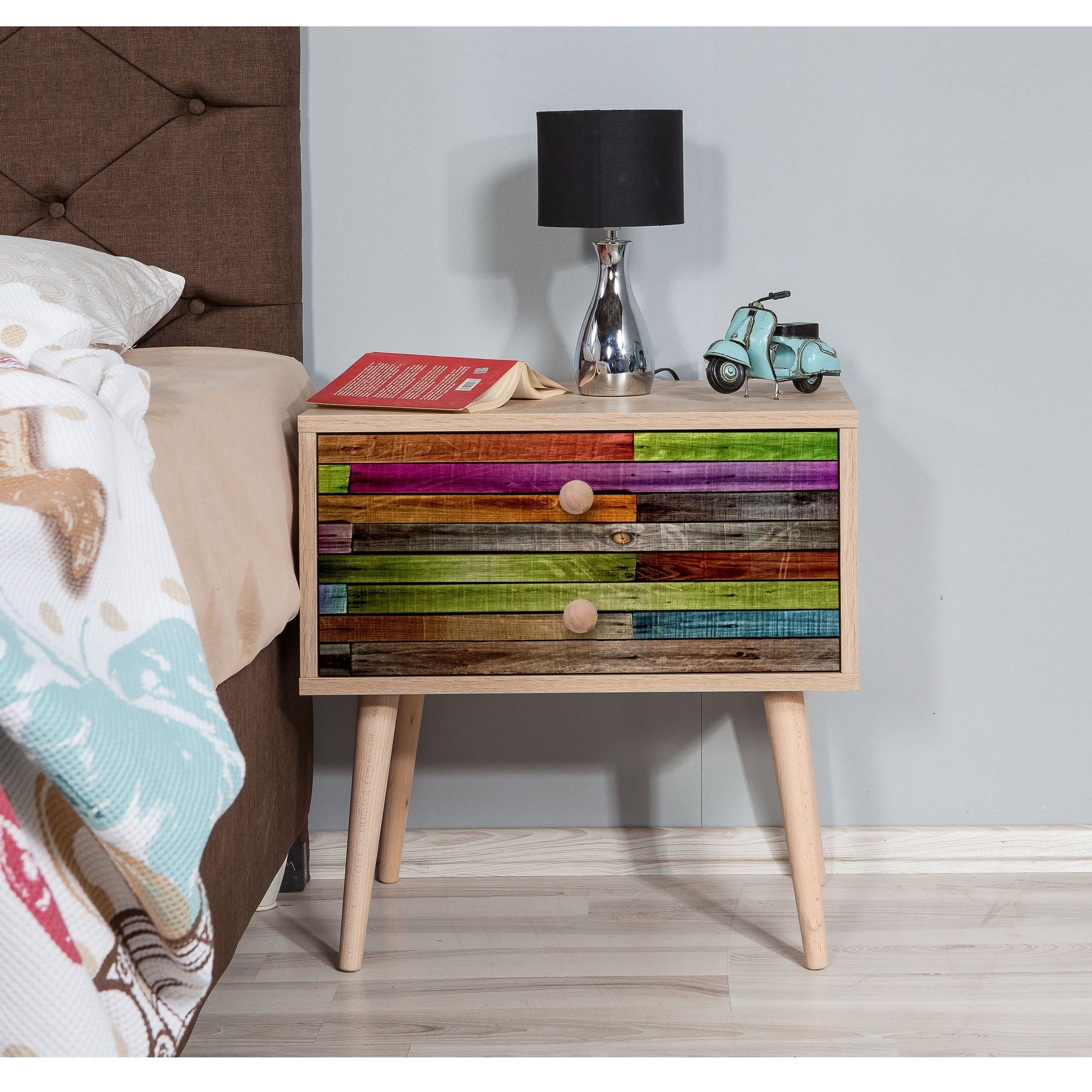 Mesa de cabeceira moderna com 2 gavetas, carvalho Sonoma, 60 x 61 x 40 cm | 100% melamina, pernas de madeira de carpa, revestimento UV | Elegante e funcional para qualquer quarto