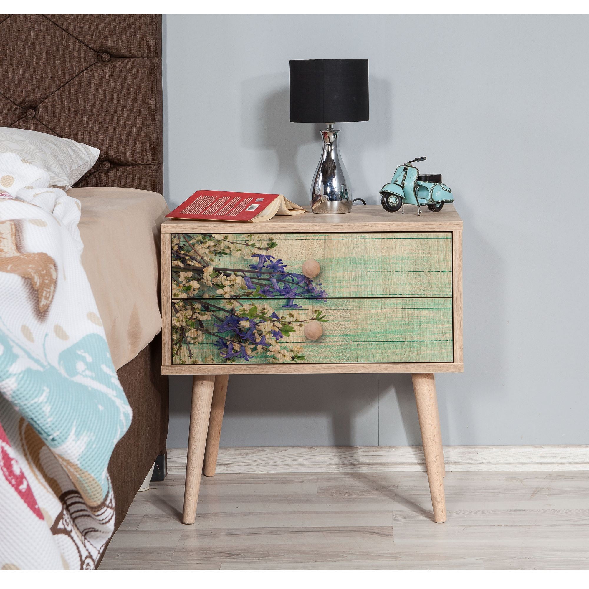 Elegante mesa de cabeceira em carvalho Sonoma com 2 gavetas, 100% revestida em melamina, pernas em madeira de carpa, puxadores em metal e corda | 60 x 61 x 40 cm | Design impressionista moderno