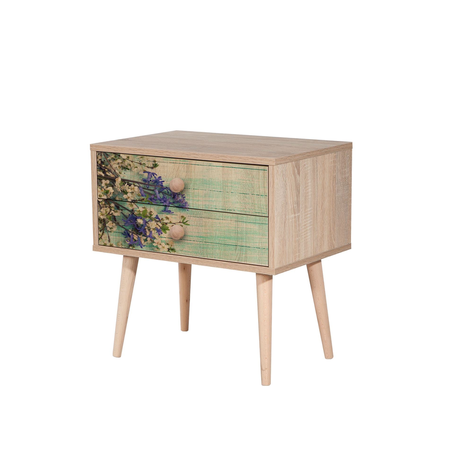 Elegante mesa de cabeceira em carvalho Sonoma com 2 gavetas, 100% revestida em melamina, pernas em madeira de carpa, puxadores em metal e corda | 60 x 61 x 40 cm | Design impressionista moderno