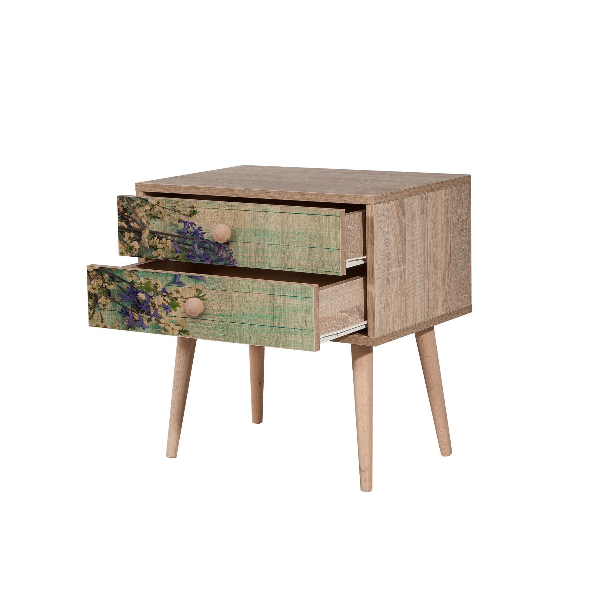 Elegante mesa de cabeceira em carvalho Sonoma com 2 gavetas, 100% revestida em melamina, pernas em madeira de carpa, puxadores em metal e corda | 60 x 61 x 40 cm | Design impressionista moderno