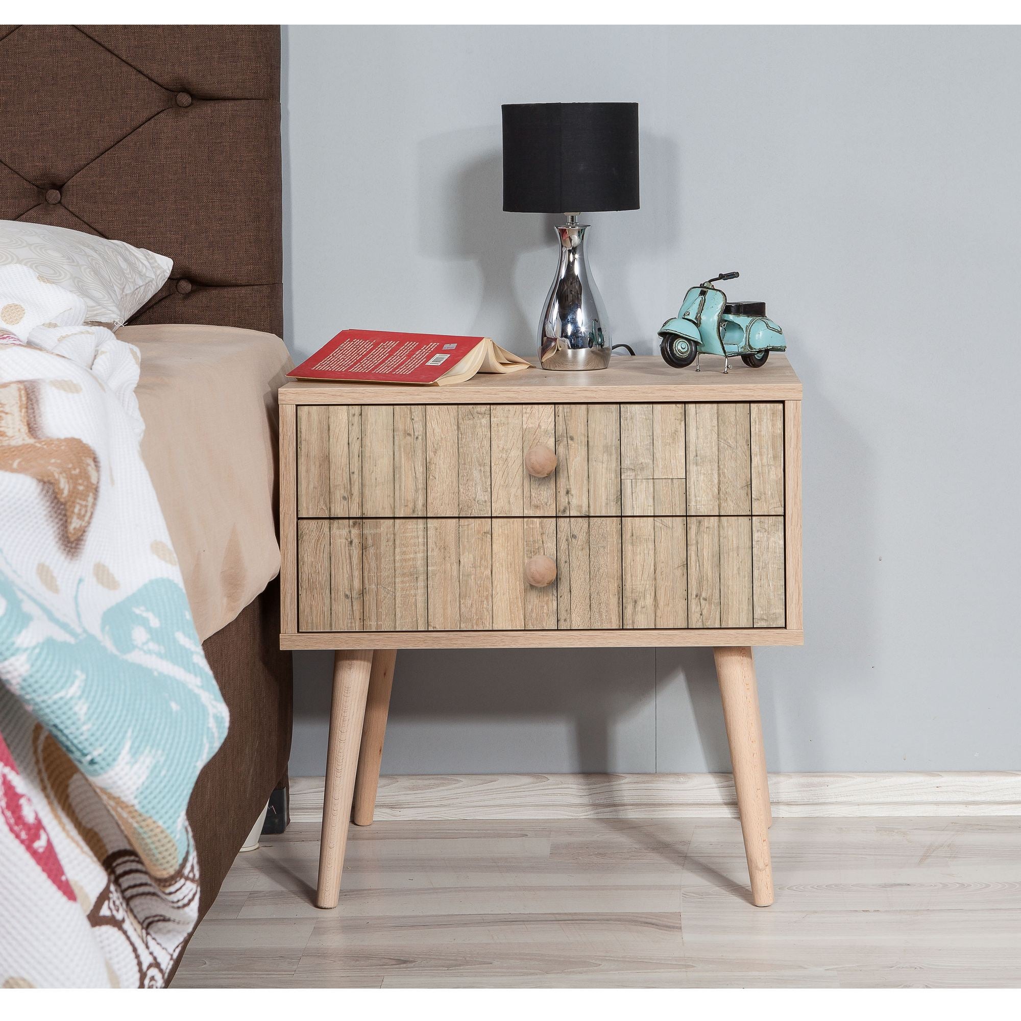 Mesa de cabeceira moderna com 2 gavetas, carvalho Sonoma, 60 x 61 x 40 cm | 100% melamina, pernas de madeira de carpa, revestimento UV | Elegante e funcional para qualquer quarto