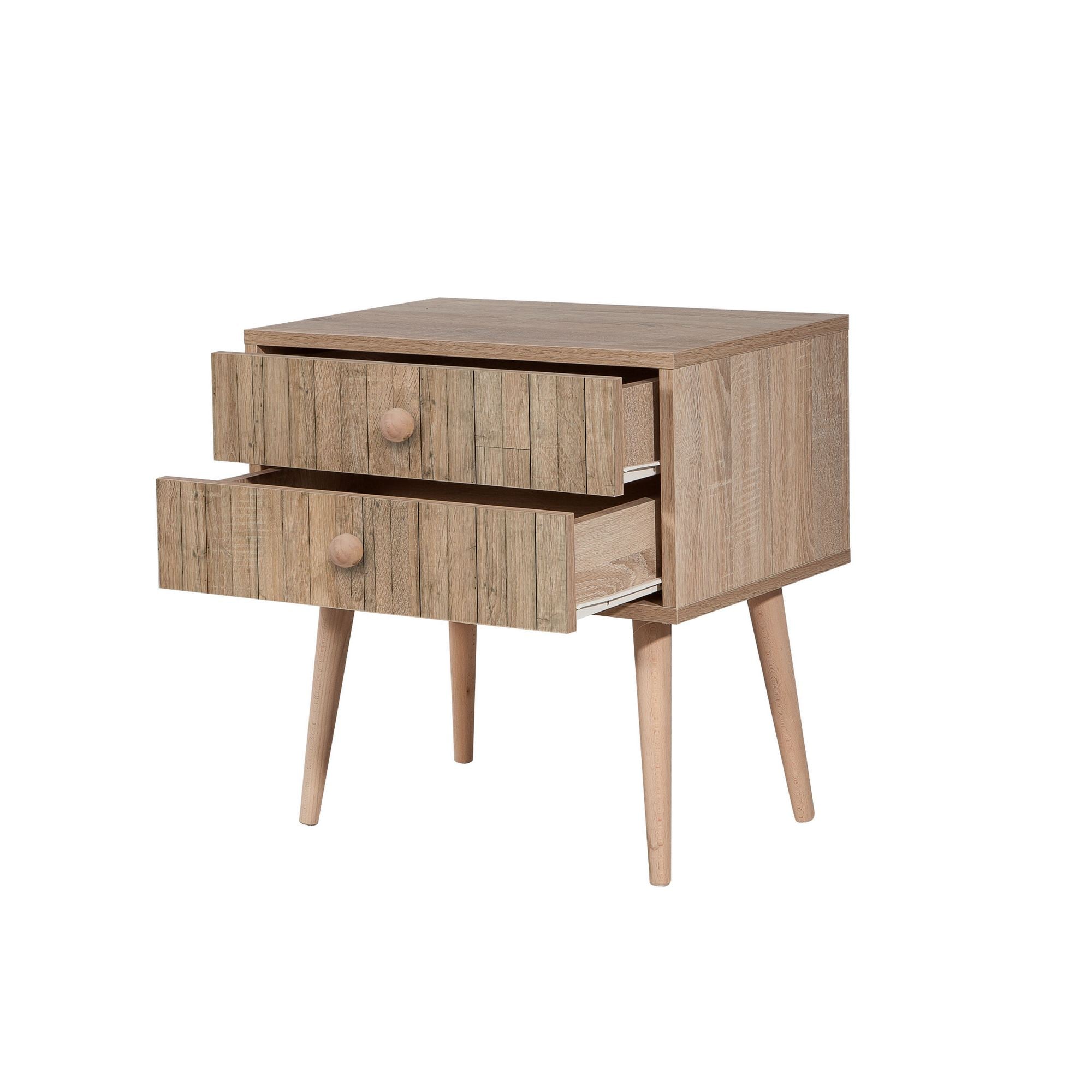 Mesa de cabeceira moderna com 2 gavetas, carvalho Sonoma, 60 x 61 x 40 cm | 100% melamina, pernas de madeira de carpa, revestimento UV | Elegante e funcional para qualquer quarto