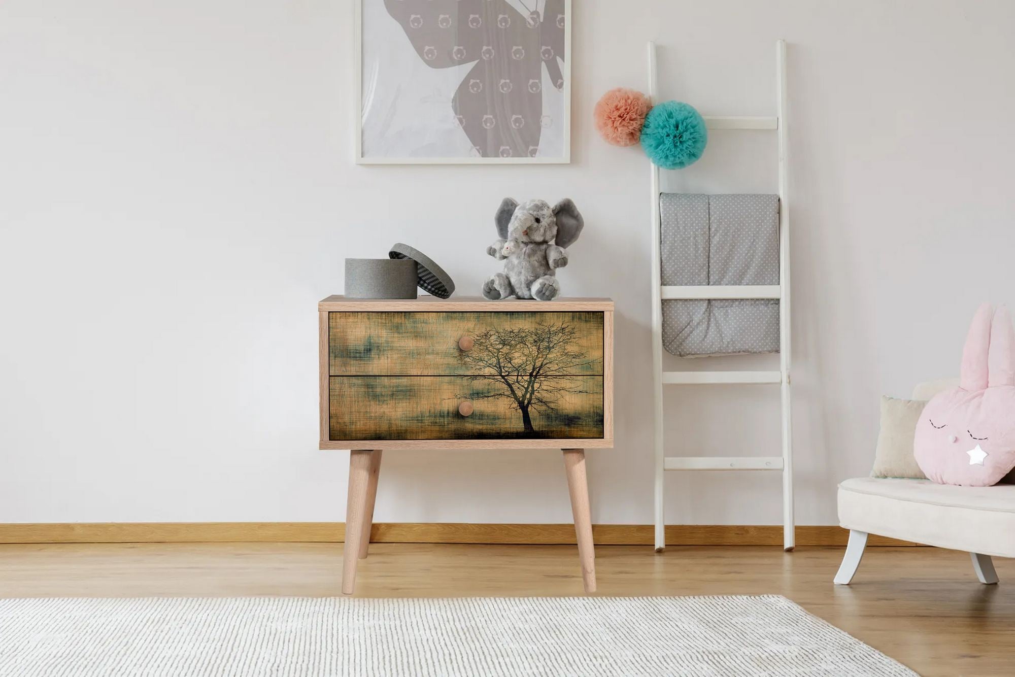 Elegante mesa de cabeceira em carvalho Sonoma com 2 gavetas, 100% revestida em melamina, pernas em madeira de carpa, puxadores em metal e corda | 60 x 61 x 40 cm | Design impressionista moderno