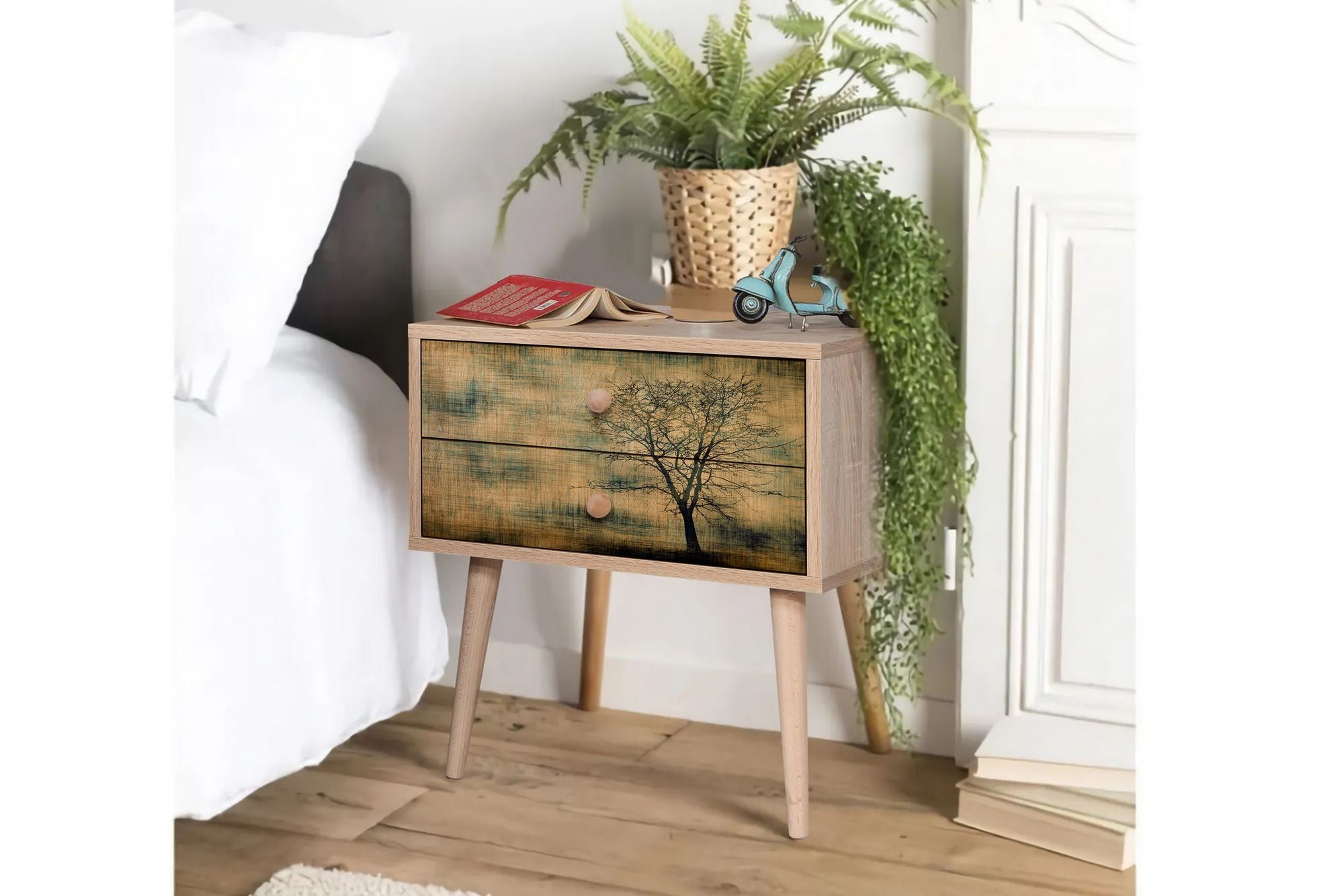 Elegante mesa de cabeceira em carvalho Sonoma com 2 gavetas, 100% revestida em melamina, pernas em madeira de carpa, puxadores em metal e corda | 60 x 61 x 40 cm | Design impressionista moderno