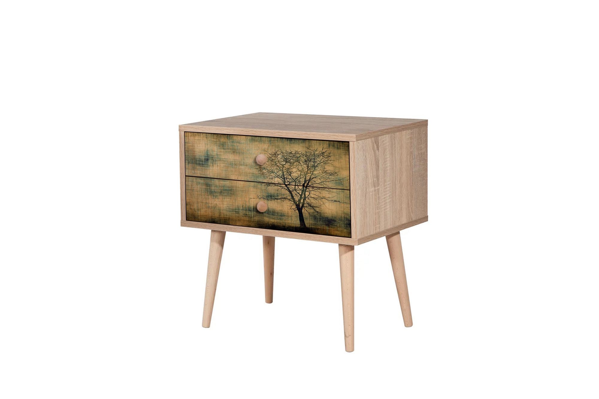 Elegante mesa de cabeceira em carvalho Sonoma com 2 gavetas, 100% revestida em melamina, pernas em madeira de carpa, puxadores em metal e corda | 60 x 61 x 40 cm | Design impressionista moderno