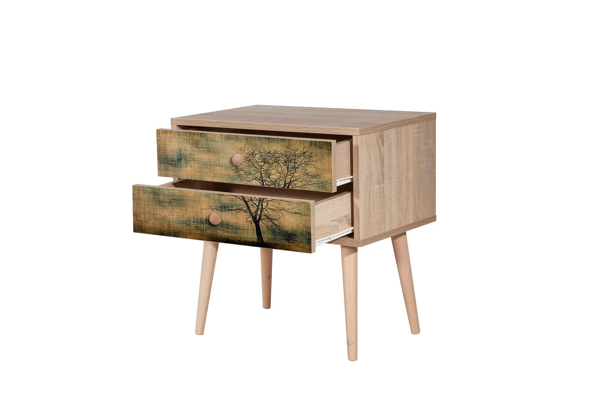 Elegante mesa de cabeceira em carvalho Sonoma com 2 gavetas, 100% revestida em melamina, pernas em madeira de carpa, puxadores em metal e corda | 60 x 61 x 40 cm | Design impressionista moderno
