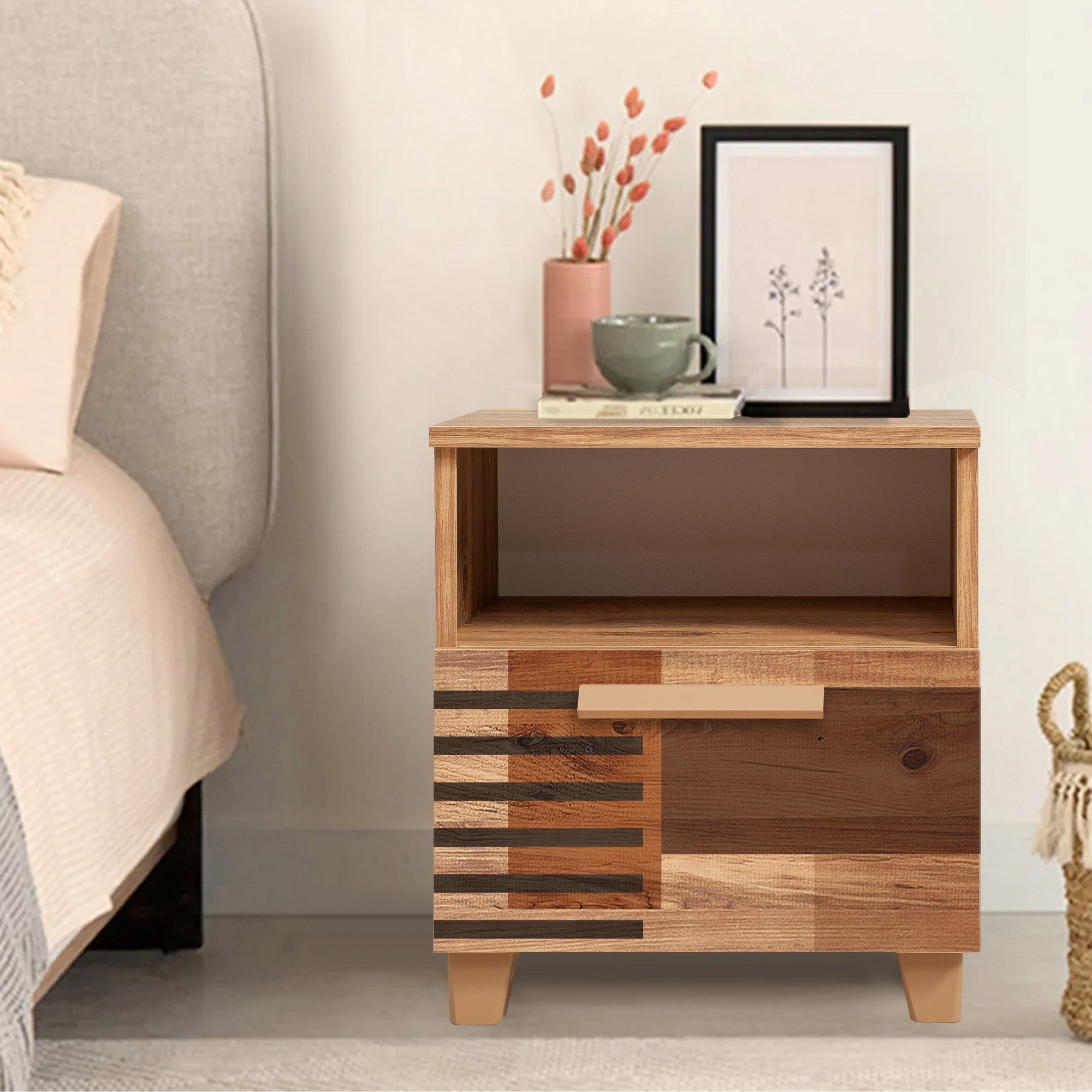 Mesa de cabeceira moderna com várias prateleiras, pinho atlântico, 45 x 52 x 40 cm | 100% revestida em melamina, com bordas de PVC, para montagem na parede | Solução de armazenamento elegante e funcional