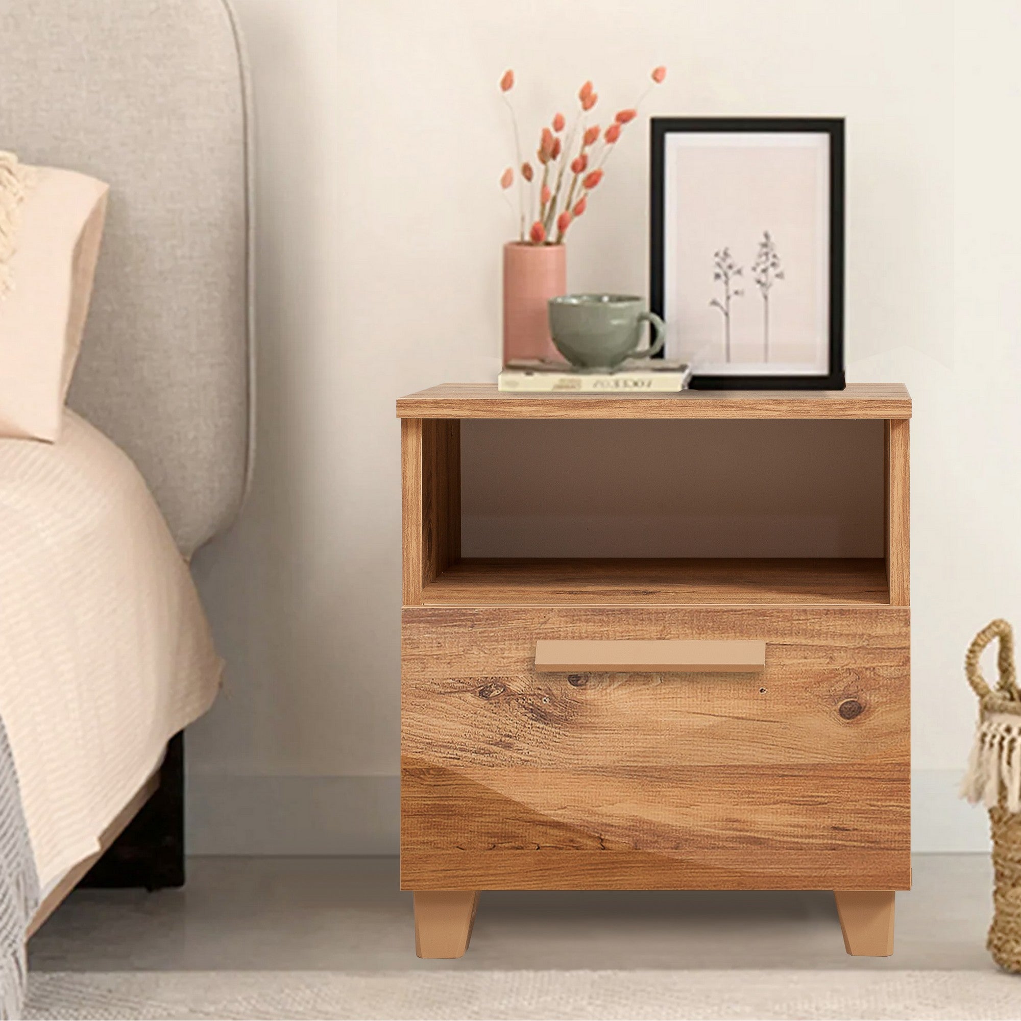 Mesa de Cabeceira Moderna com Prateleiras, Pinho Atlântico, 45 x 52 x 40 cm | 100% Melamina, Borda de PVC, Puxadores de MDF | Solução de Armazenamento Elegante e Funcional