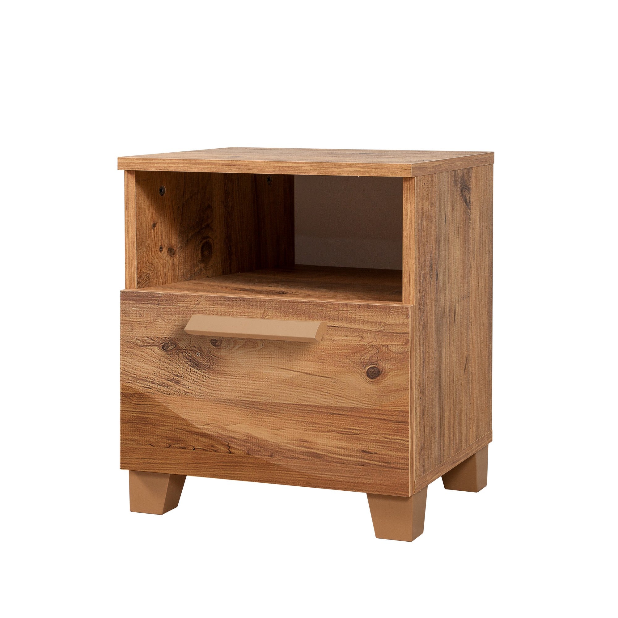 Mesa de Cabeceira Moderna com Prateleiras, Pinho Atlântico, 45 x 52 x 40 cm | 100% Melamina, Borda de PVC, Puxadores de MDF | Solução de Armazenamento Elegante e Funcional