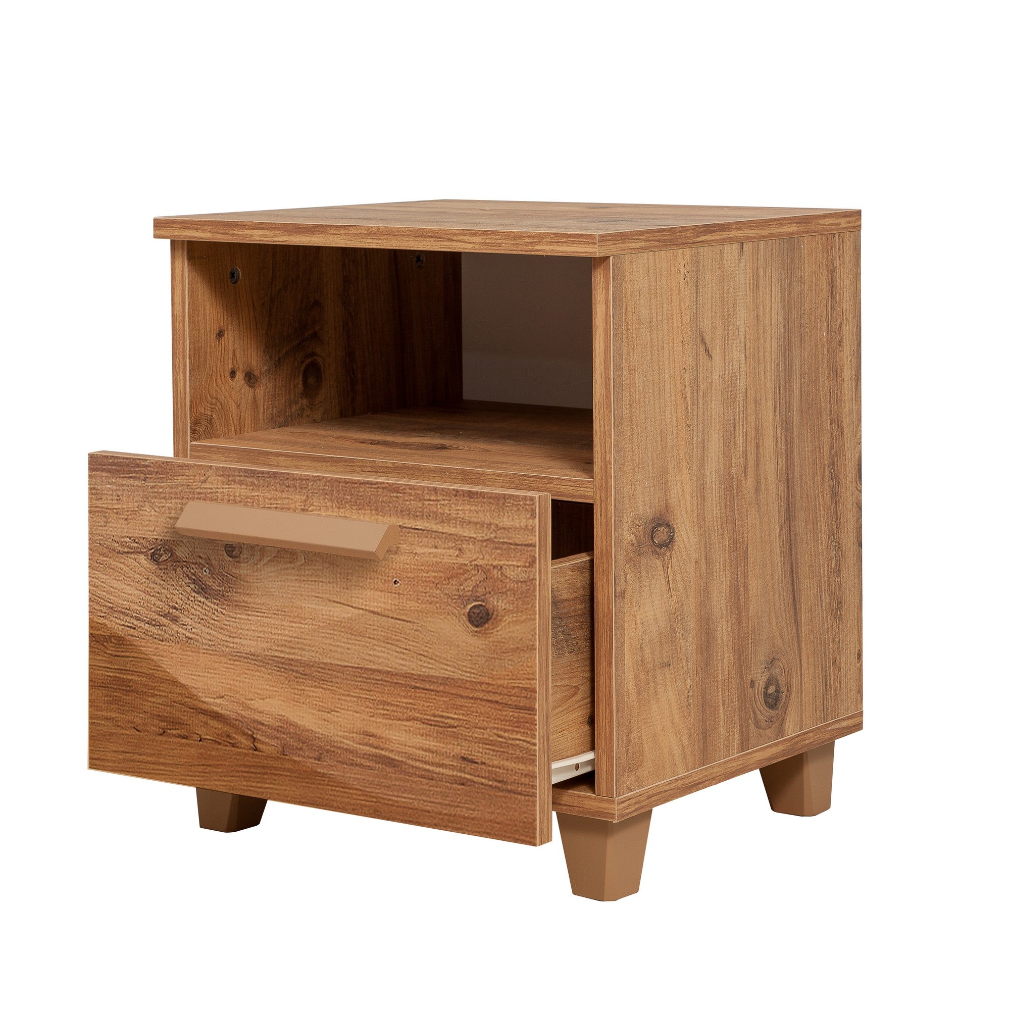 Mesa de Cabeceira Moderna com Prateleiras, Pinho Atlântico, 45 x 52 x 40 cm | 100% Melamina, Borda de PVC, Puxadores de MDF | Solução de Armazenamento Elegante e Funcional