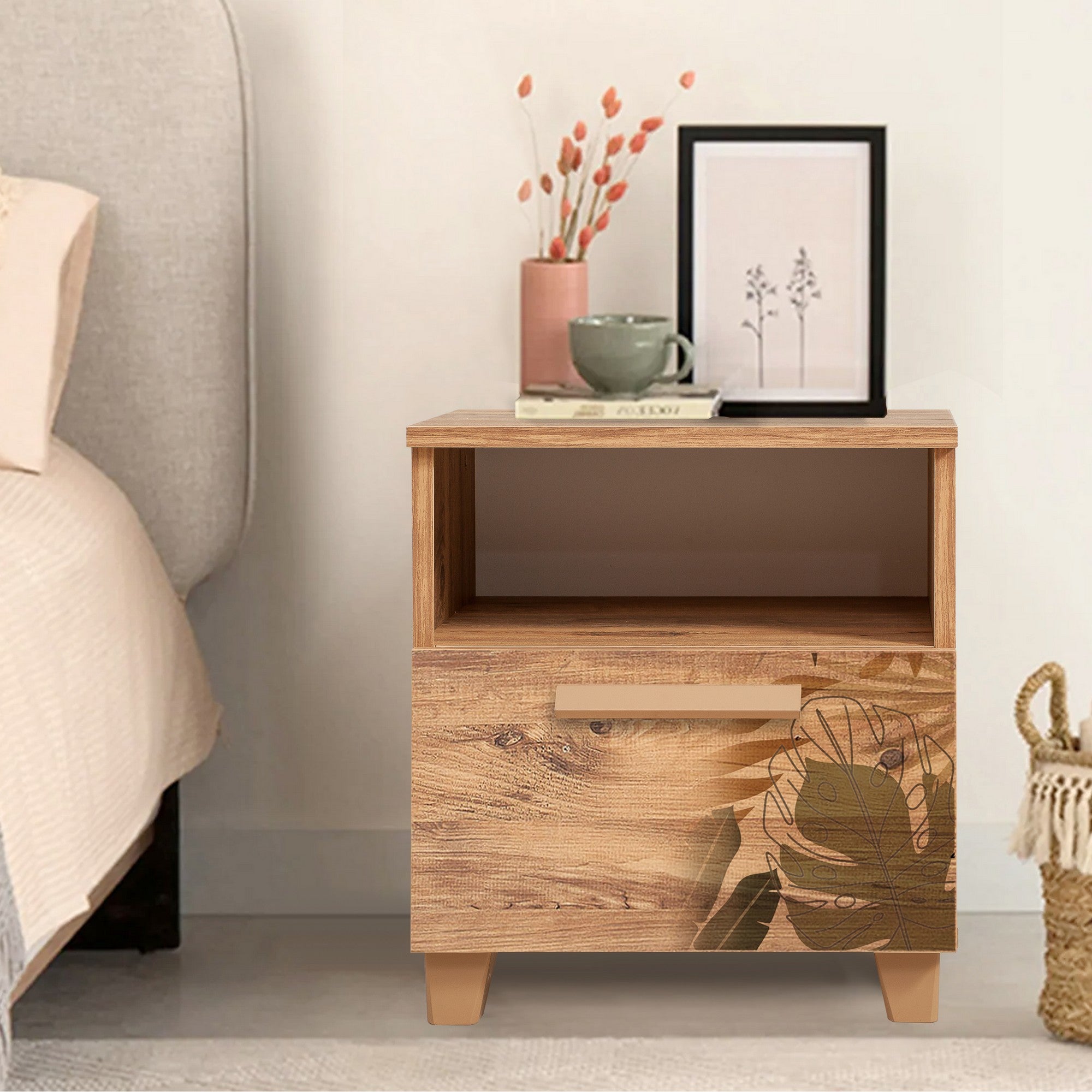 Mesa de Cabeceira Elegante com Várias Prateleiras, Pinho Atlântico, 45 x 52 x 40 cm | Revestimento 100% Melamina, Borda de PVC, Puxadores de MDF | Design Moderno e Funcional para Qualquer Ambiente