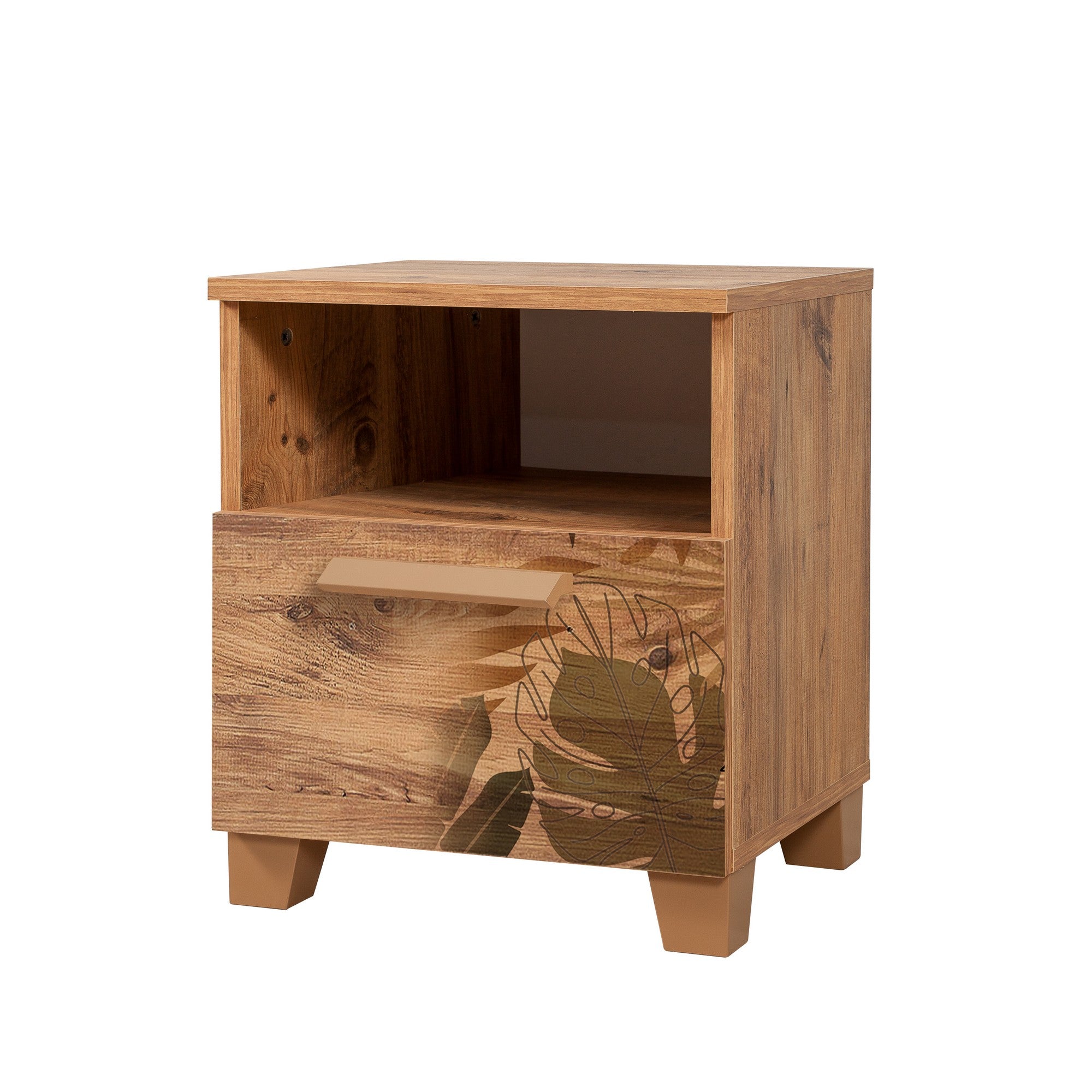 Mesa de Cabeceira Elegante com Várias Prateleiras, Pinho Atlântico, 45 x 52 x 40 cm | Revestimento 100% Melamina, Borda de PVC, Puxadores de MDF | Design Moderno e Funcional para Qualquer Ambiente