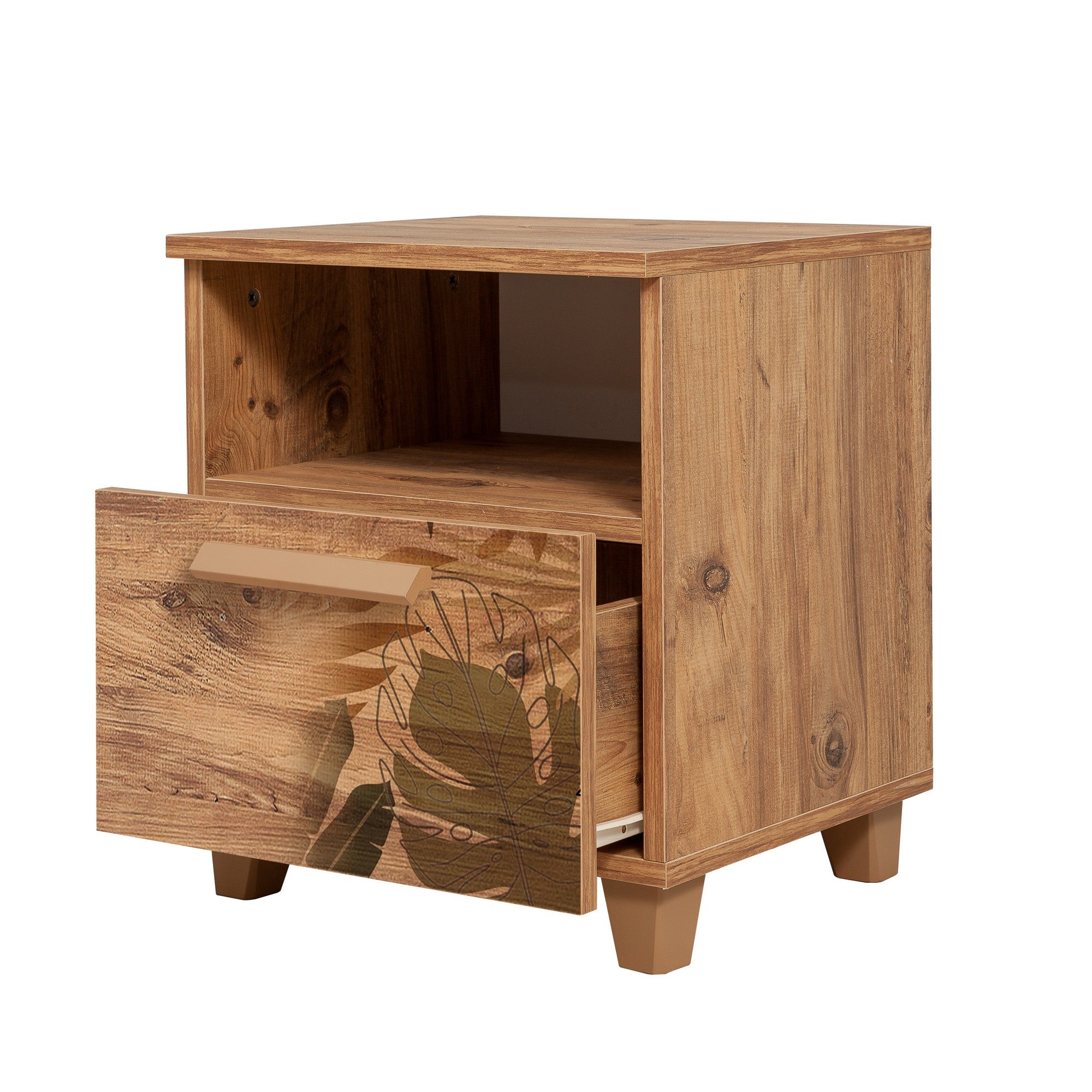 Mesa de Cabeceira Elegante com Várias Prateleiras, Pinho Atlântico, 45 x 52 x 40 cm | Revestimento 100% Melamina, Borda de PVC, Puxadores de MDF | Design Moderno e Funcional para Qualquer Ambiente