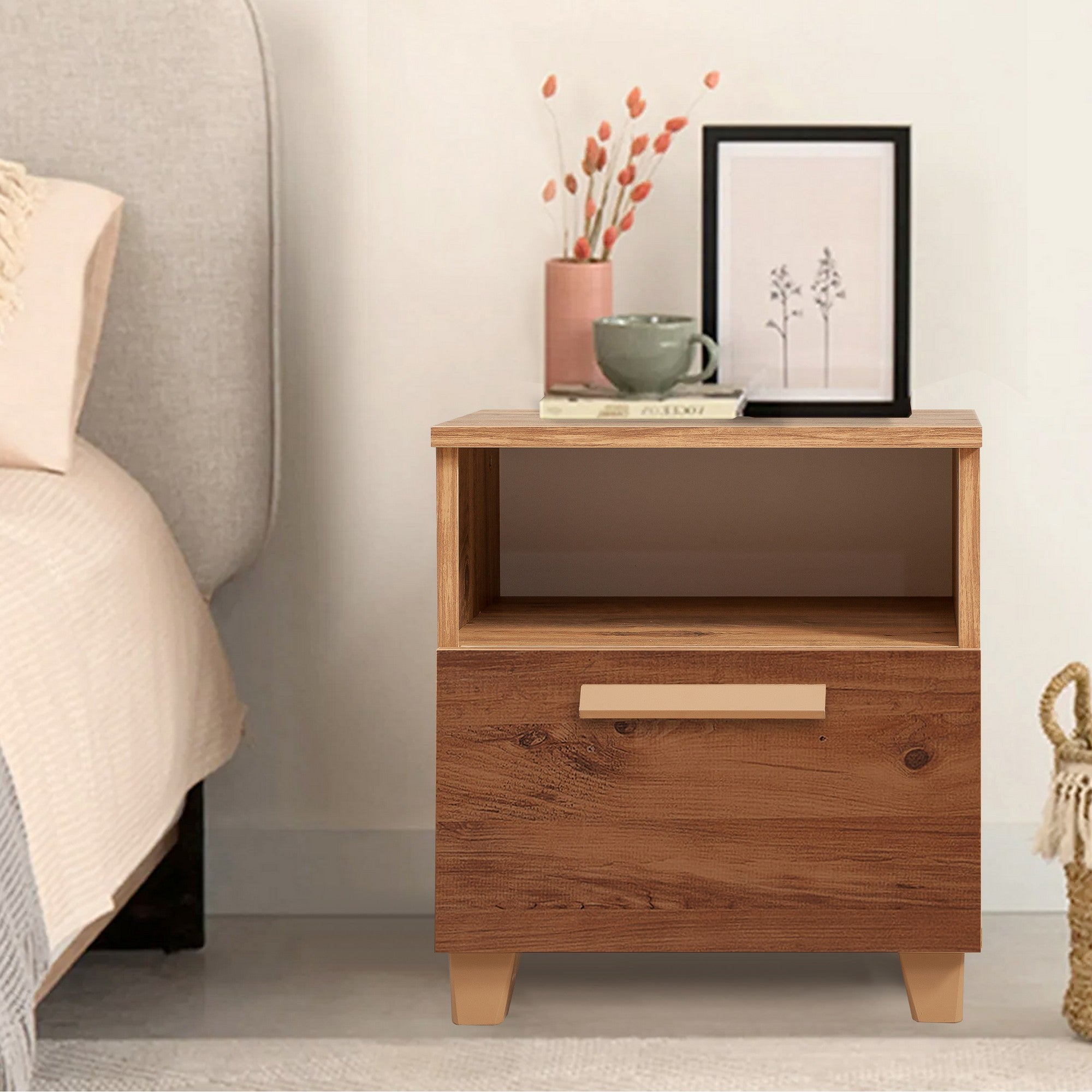 Mesa de Cabeceira Moderna com Prateleiras, Pinho Atlântico, 45 x 52 x 40 cm | 100% Melamina, Borda de PVC, Puxadores de MDF | Solução de Armazenamento Elegante e Funcional