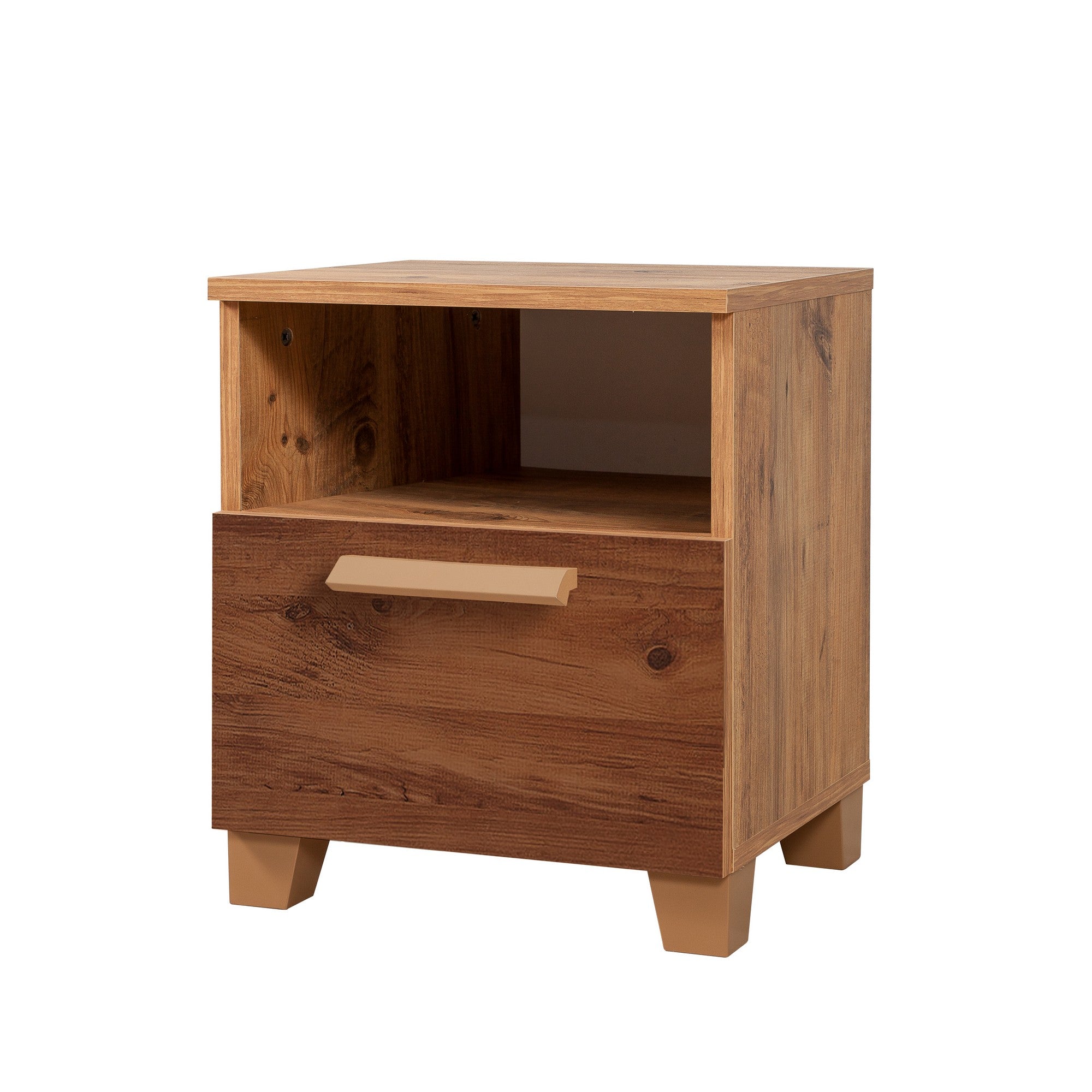 Mesa de Cabeceira Moderna com Prateleiras, Pinho Atlântico, 45 x 52 x 40 cm | 100% Melamina, Borda de PVC, Puxadores de MDF | Solução de Armazenamento Elegante e Funcional