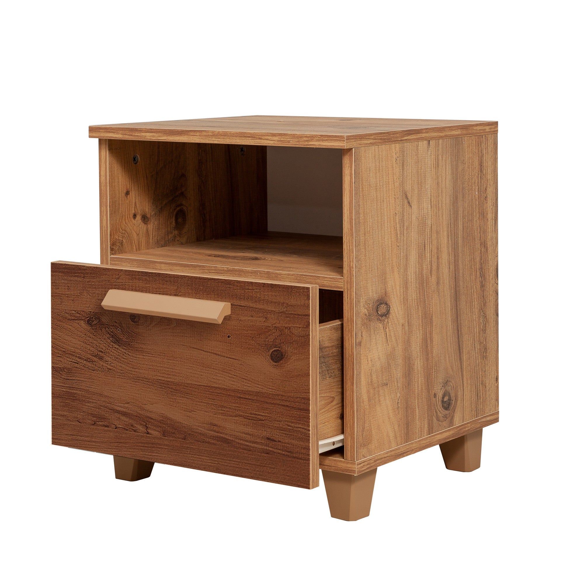 Mesa de Cabeceira Moderna com Prateleiras, Pinho Atlântico, 45 x 52 x 40 cm | 100% Melamina, Borda de PVC, Puxadores de MDF | Solução de Armazenamento Elegante e Funcional