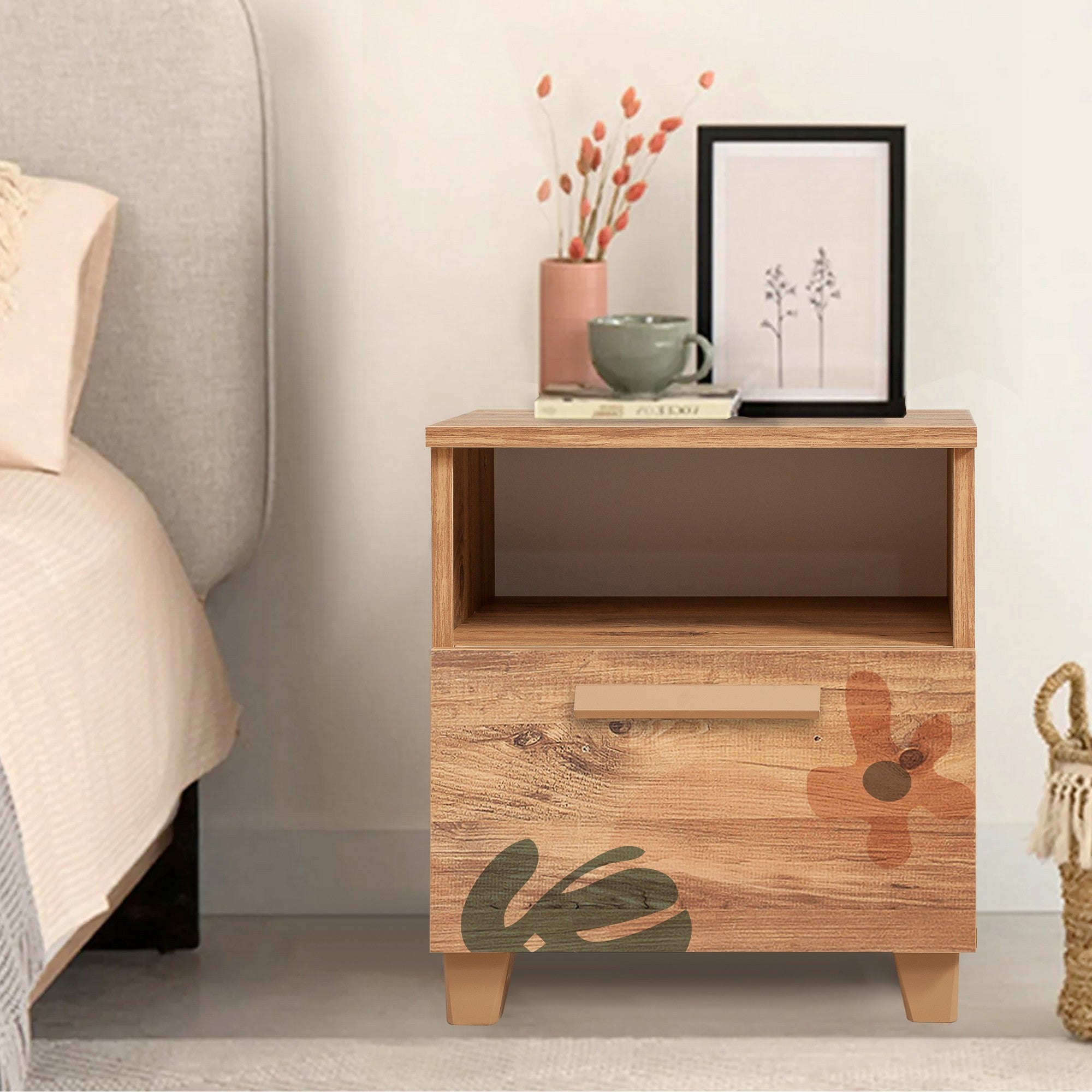 Mesa de Cabeceira Moderna com Prateleiras, Pinho Atlântico, 45 x 52 x 40 cm | 100% Melamina, Borda de PVC, Puxadores de MDF | Solução de Armazenamento Elegante e Funcional