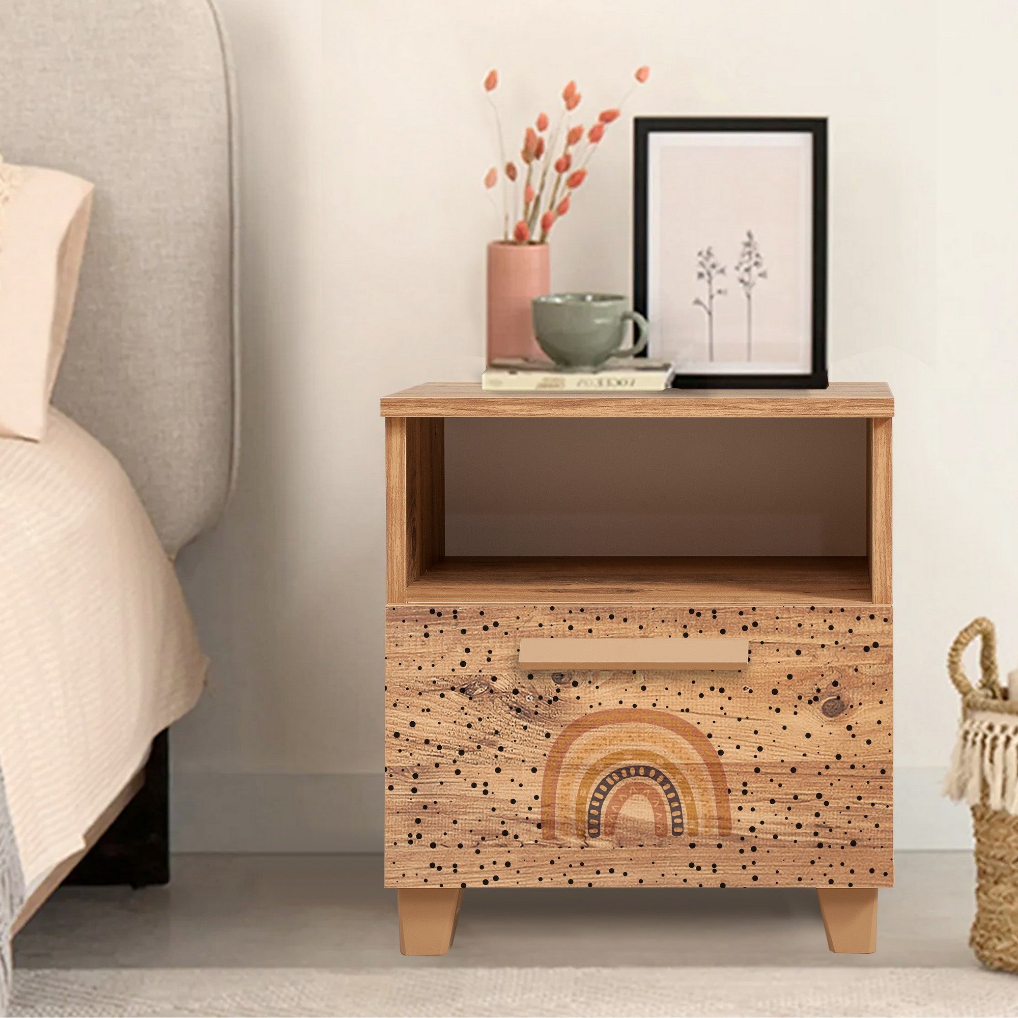 Mesa de cabeceira estilosa com várias prateleiras, pinho do Atlântico, 45 x 52 x 40 cm | 100% revestida em melamina, bordas em PVC, puxadores em MDF | Perfeita para quartos infantis e decoração moderna