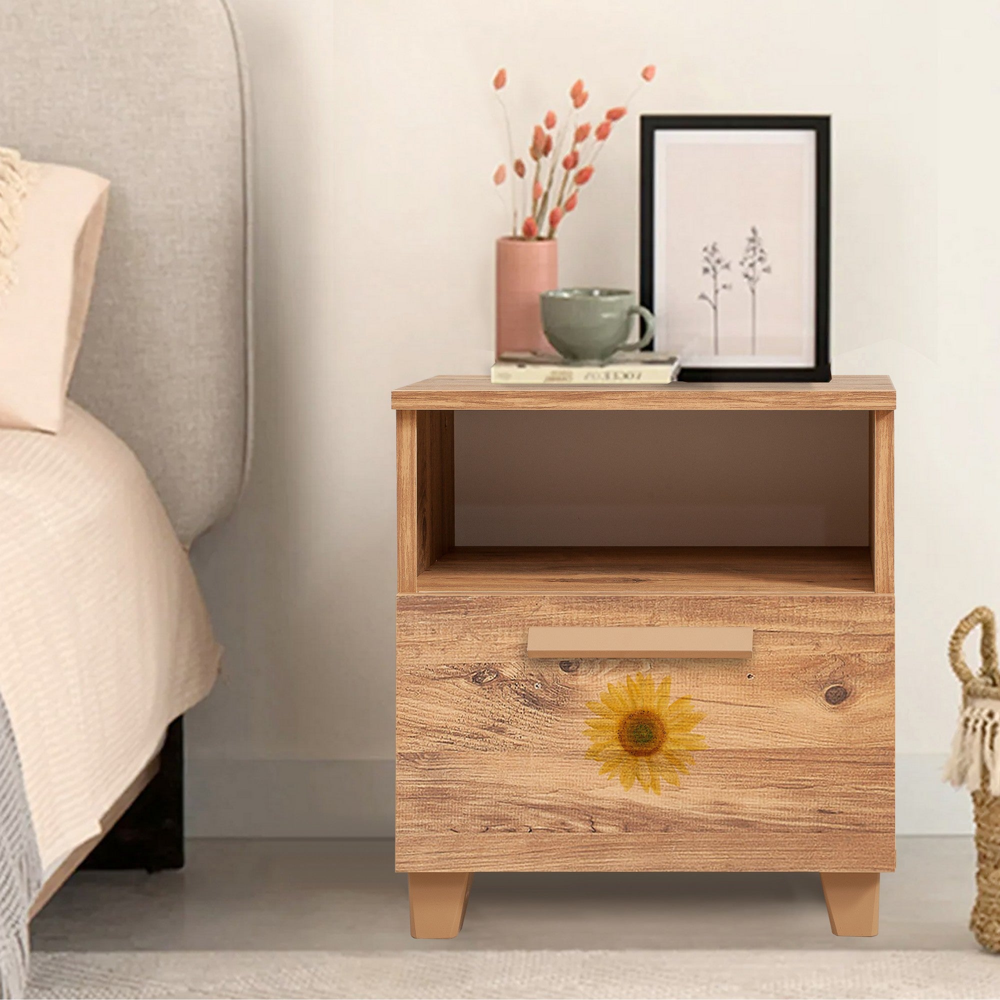 Mesa de cabeceira estilosa com várias prateleiras, pinho do Atlântico, 45 x 52 x 40 cm | 100% revestida em melamina, bordas em PVC, puxadores em MDF | Perfeita para quartos modernos e infantis
