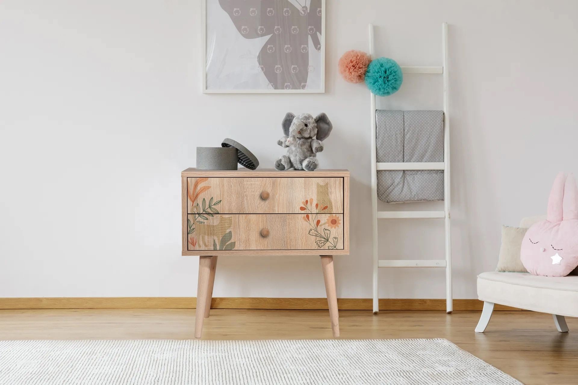 Mesa de Cabeceira Moderna com Pés de Madeira, 60 cm x 61 cm x 40 cm | Painel de Partículas 100% Revestido com Melamina, Impressão Digital UV | Armazenamento Elegante para Crianças e Amantes da Natureza