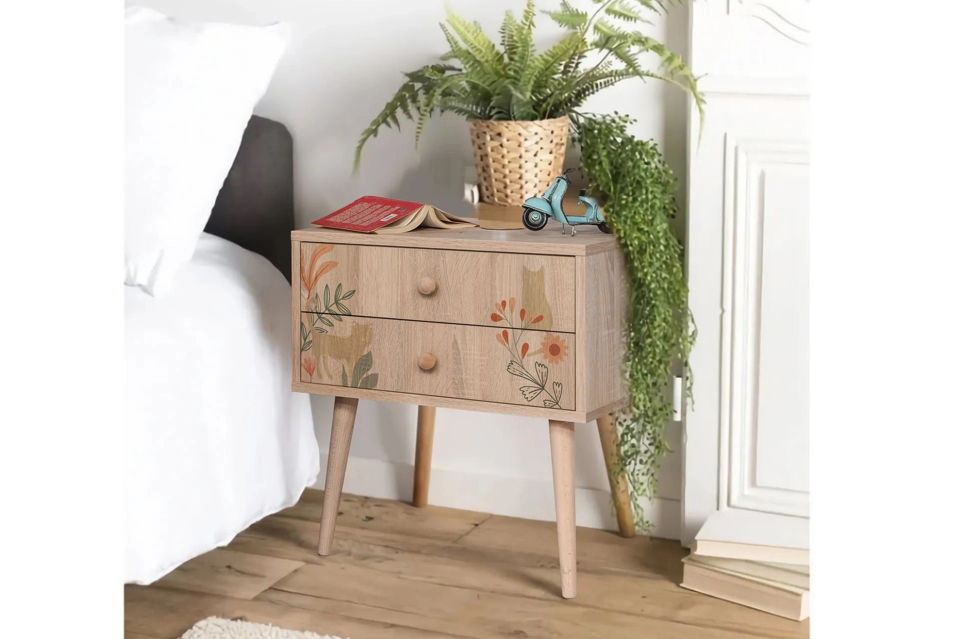 Mesa de Cabeceira Moderna com Pés de Madeira, 60 cm x 61 cm x 40 cm | Painel de Partículas 100% Revestido com Melamina, Impressão Digital UV | Armazenamento Elegante para Crianças e Amantes da Natureza