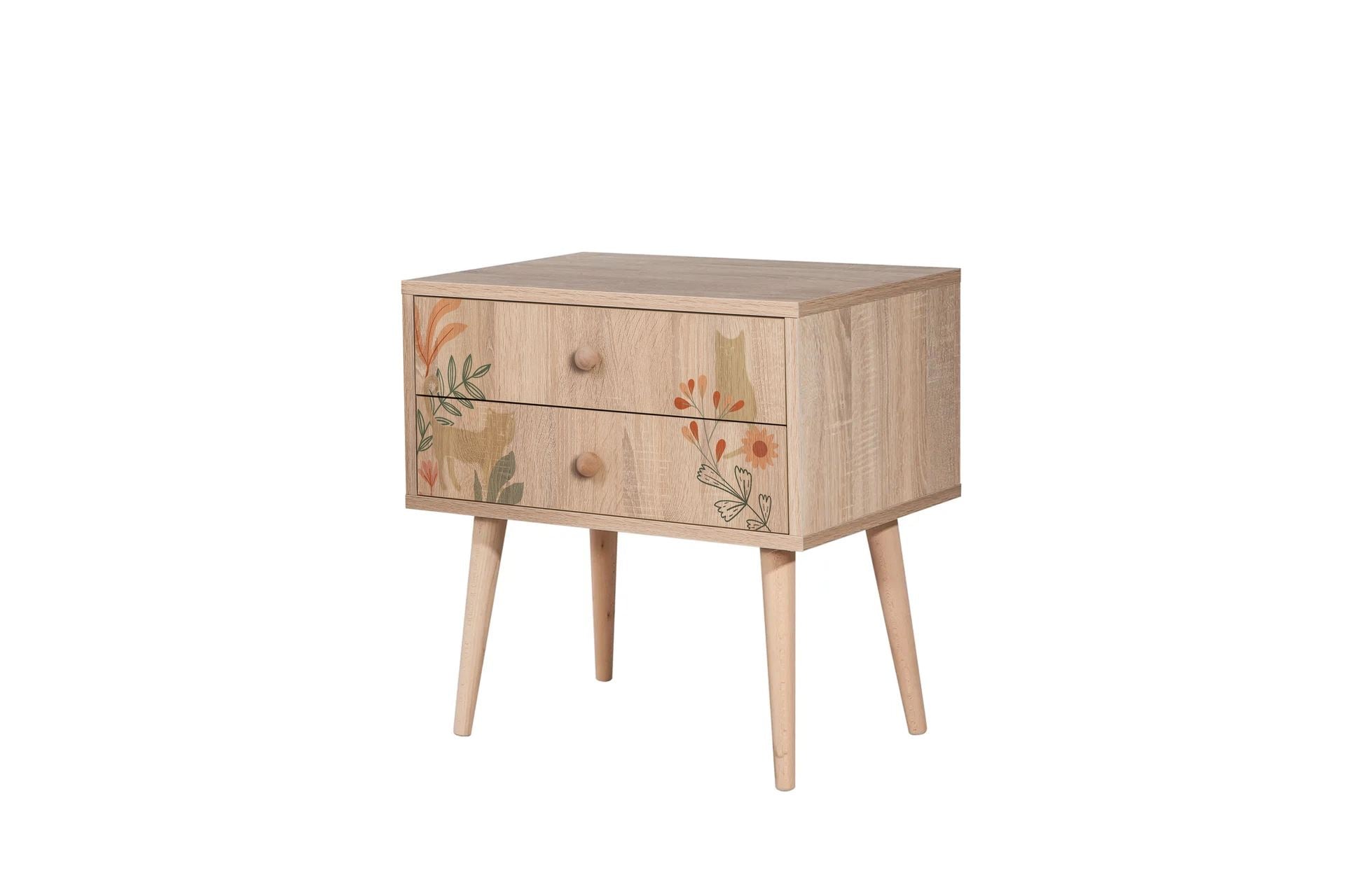 Mesa de Cabeceira Moderna com Pés de Madeira, 60 cm x 61 cm x 40 cm | Painel de Partículas 100% Revestido com Melamina, Impressão Digital UV | Armazenamento Elegante para Crianças e Amantes da Natureza