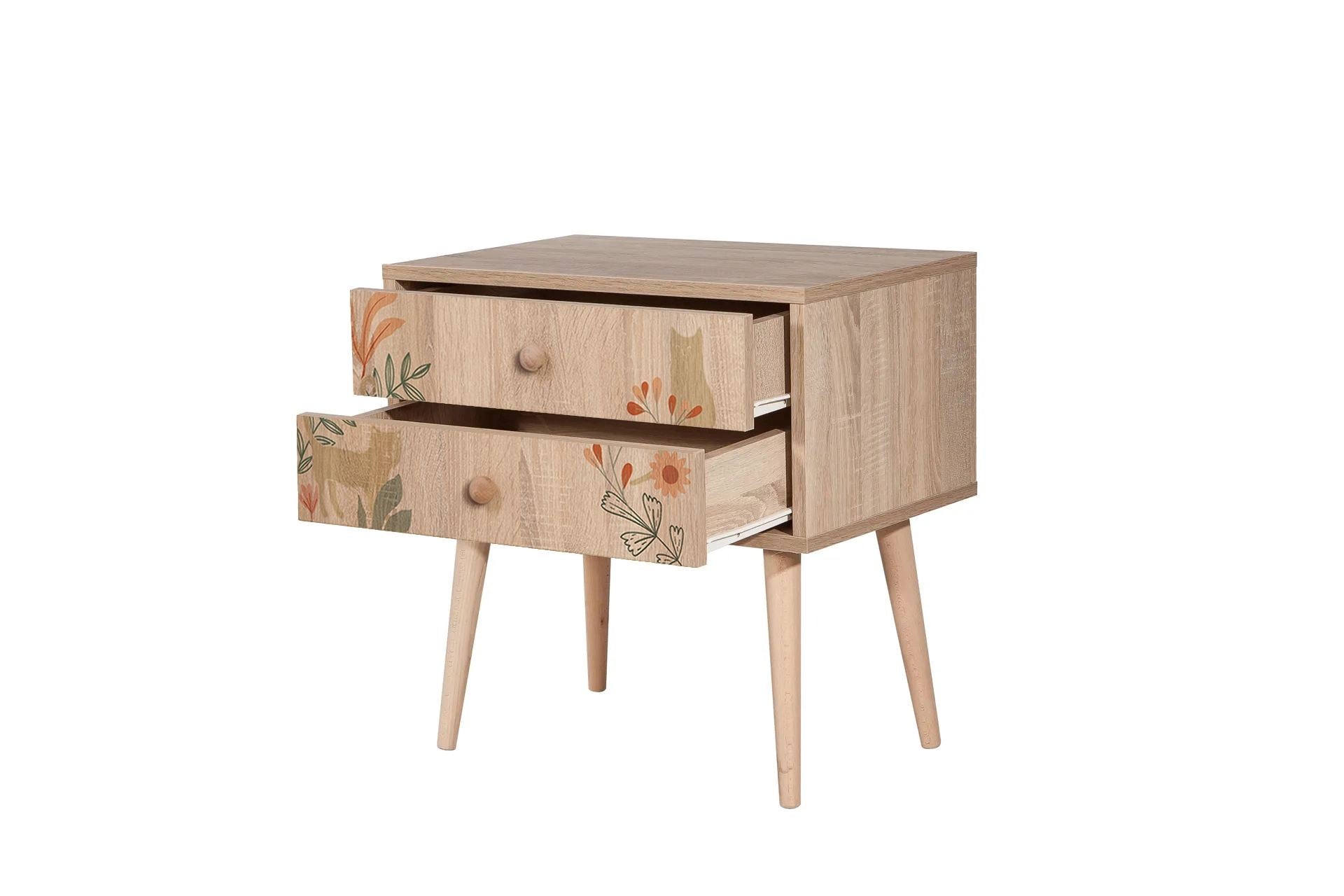 Mesa de Cabeceira Moderna com Pés de Madeira, 60 cm x 61 cm x 40 cm | Painel de Partículas 100% Revestido com Melamina, Impressão Digital UV | Armazenamento Elegante para Crianças e Amantes da Natureza