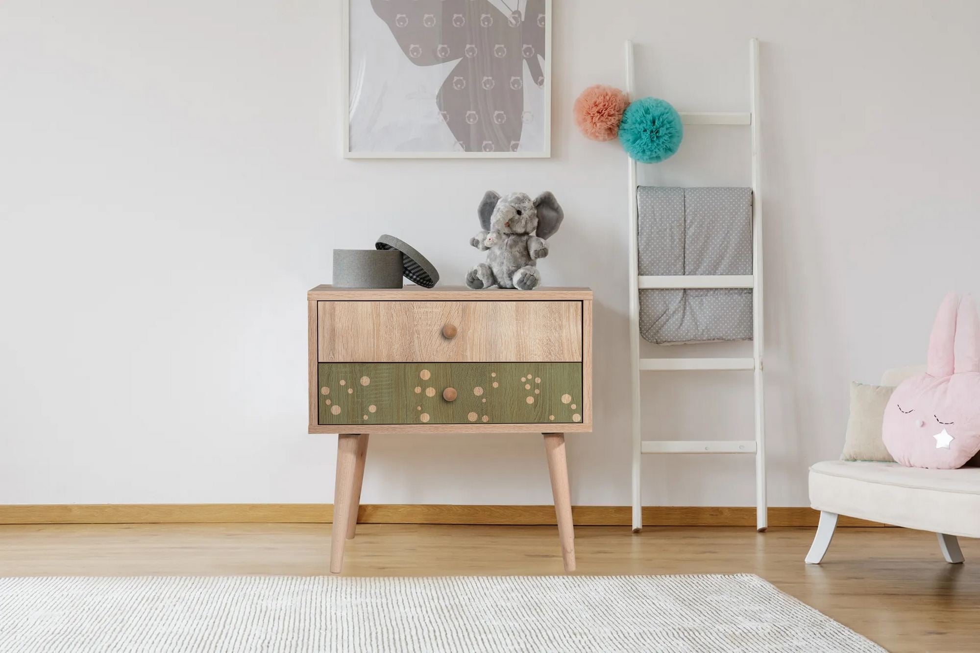 Mesa de cabeceira moderna com pernas de madeira, 60 cm x 61 cm x 40 cm | Painel de partículas 100% revestido em melamina, impressão digital UV | Montável na parede, armazenamento elegante para espaços infantis e jovens