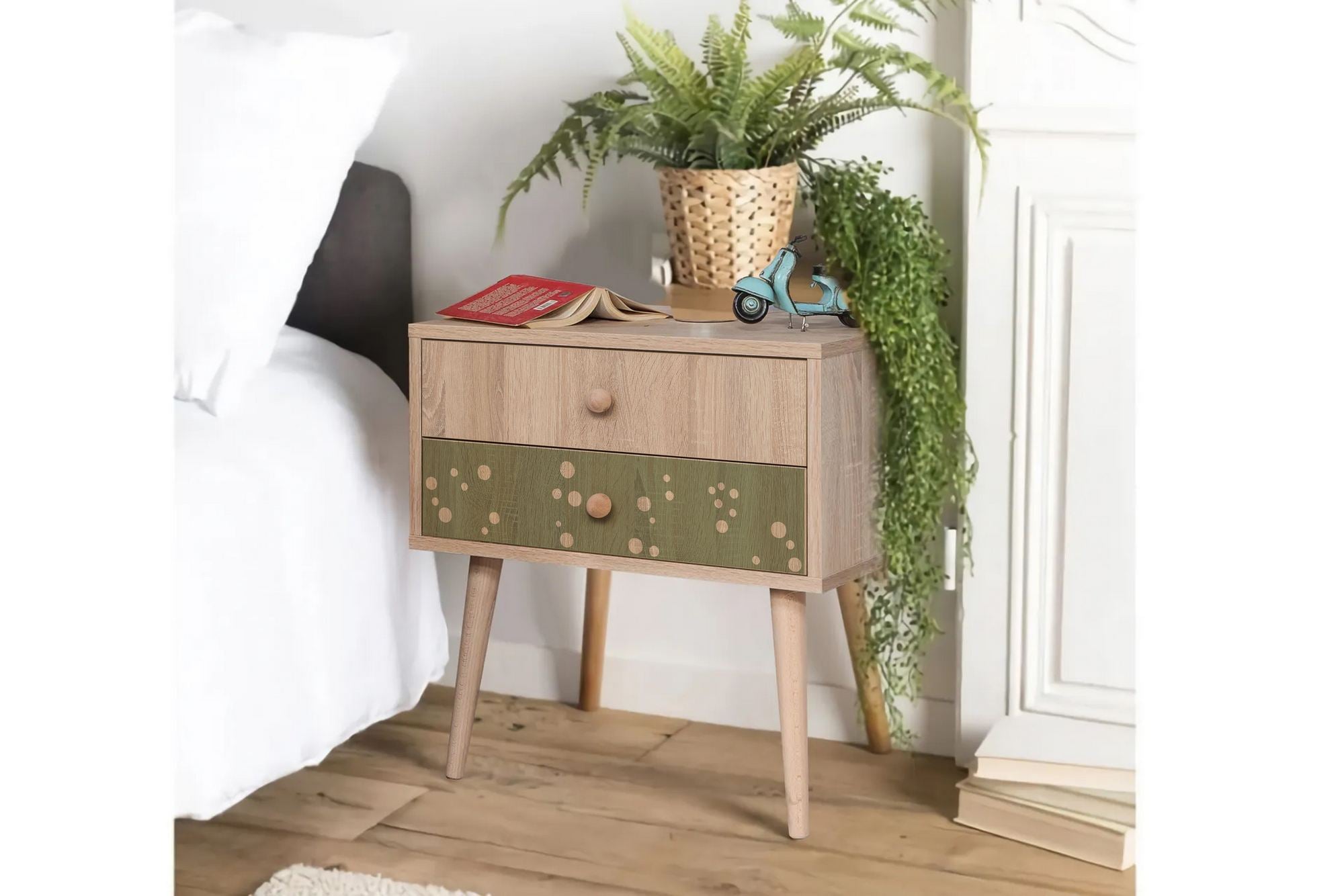 Mesa de cabeceira moderna com pernas de madeira, 60 cm x 61 cm x 40 cm | Painel de partículas 100% revestido em melamina, impressão digital UV | Montável na parede, armazenamento elegante para espaços infantis e jovens