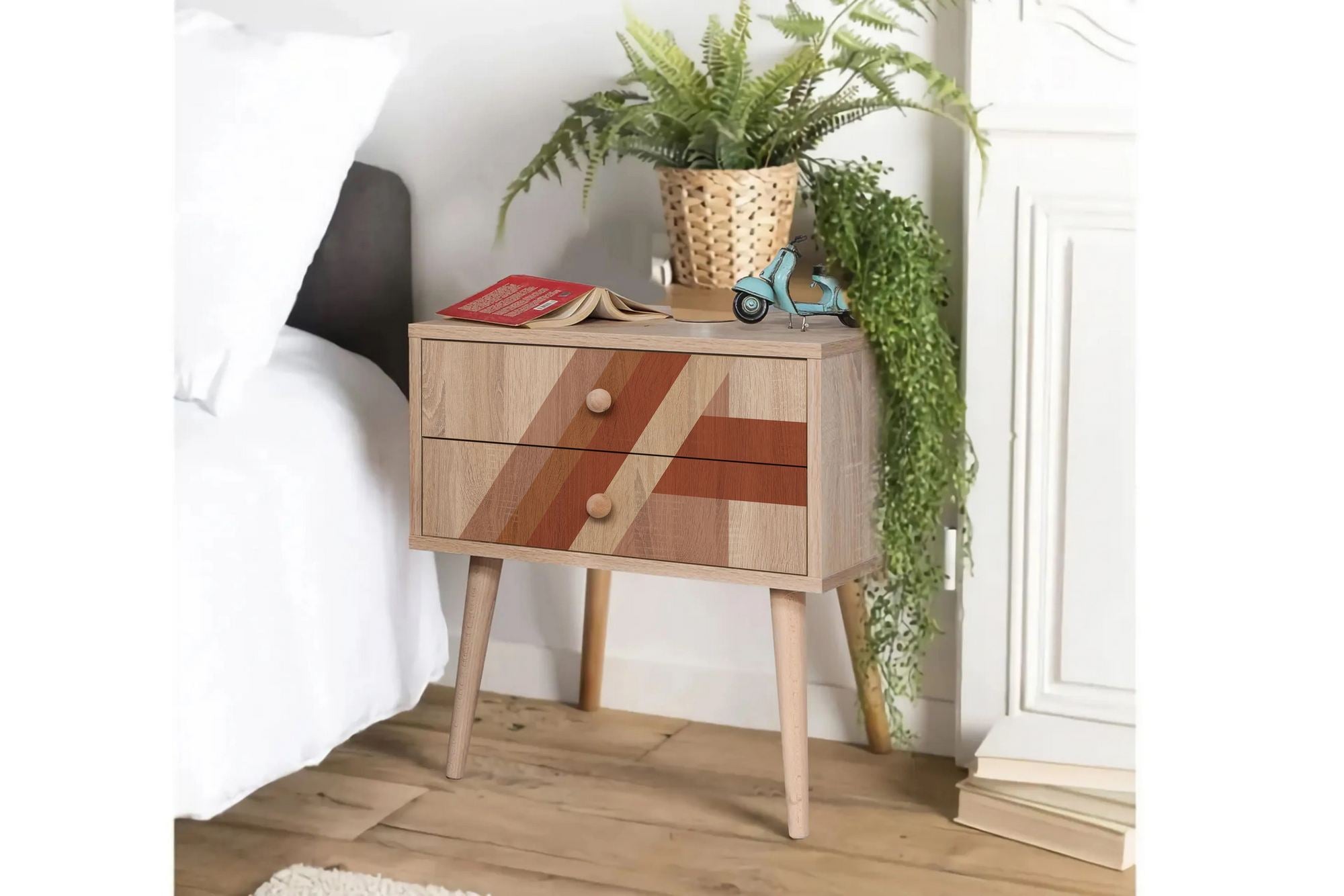 Mesa de cabeceira moderna com pernas de madeira, 60 cm x 61 cm x 40 cm | Painel de partículas 100% revestido em melamina, impressão digital UV | Design abstrato, montagem na parede, armazenamento extra