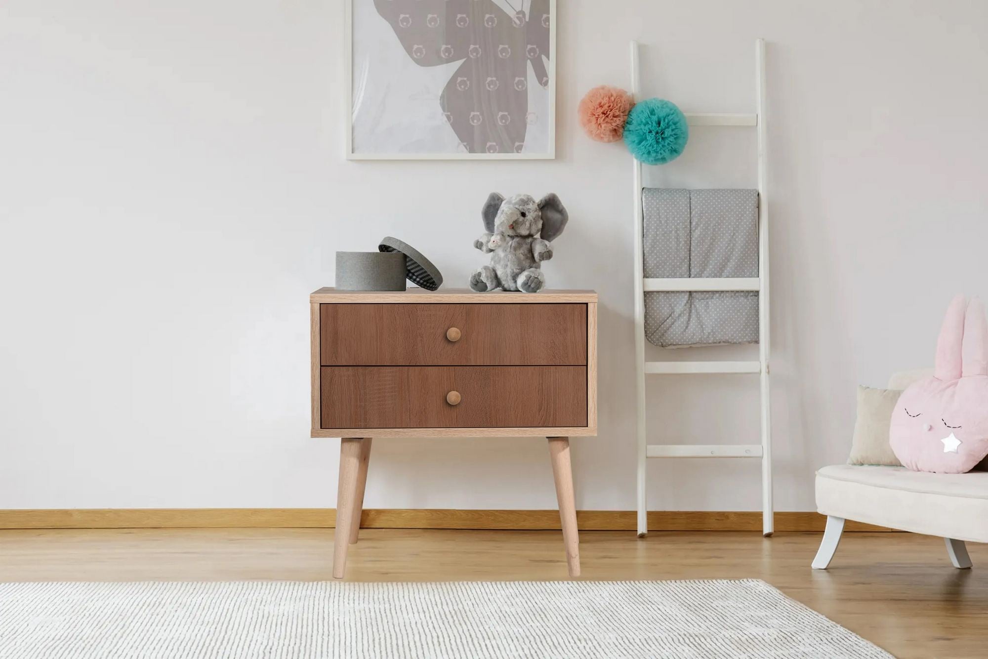 Mesa de cabeceira moderna com pernas de madeira, 60 cm x 61 cm x 40 cm | Painel de partículas 100% revestido em melamina, impressão digital UV | Solução de armazenamento elegante e montável na parede