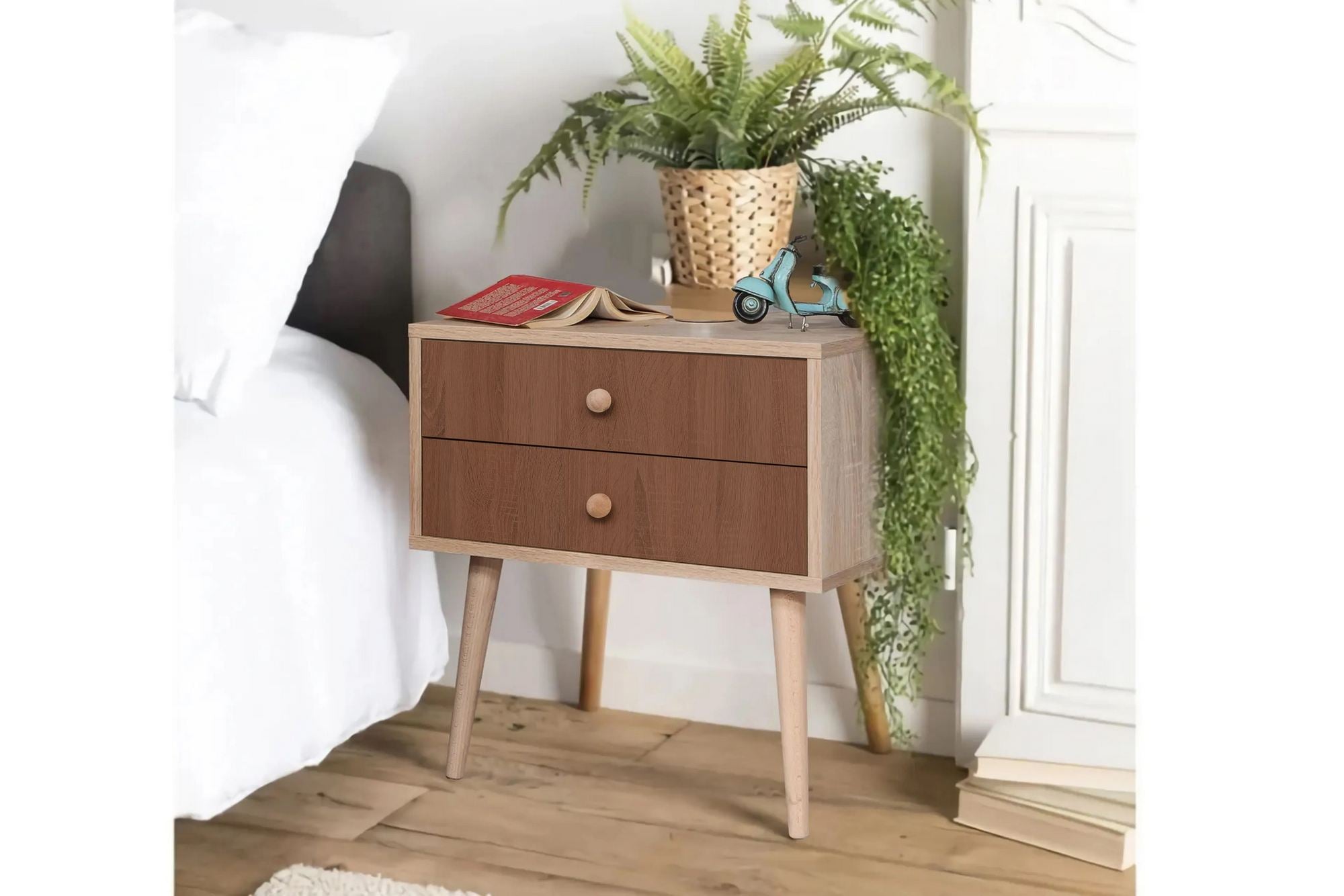 Mesa de cabeceira moderna com pernas de madeira, 60 cm x 61 cm x 40 cm | Painel de partículas 100% revestido em melamina, impressão digital UV | Solução de armazenamento elegante e montável na parede